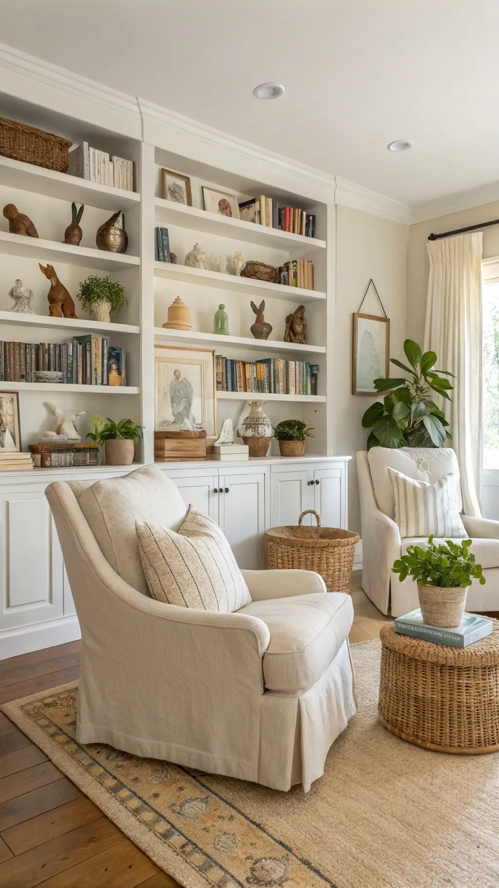 Bright family room with built-in shelves filled with ceramic bunnies, vintage books and potted spring bulbs during morning golden hour
