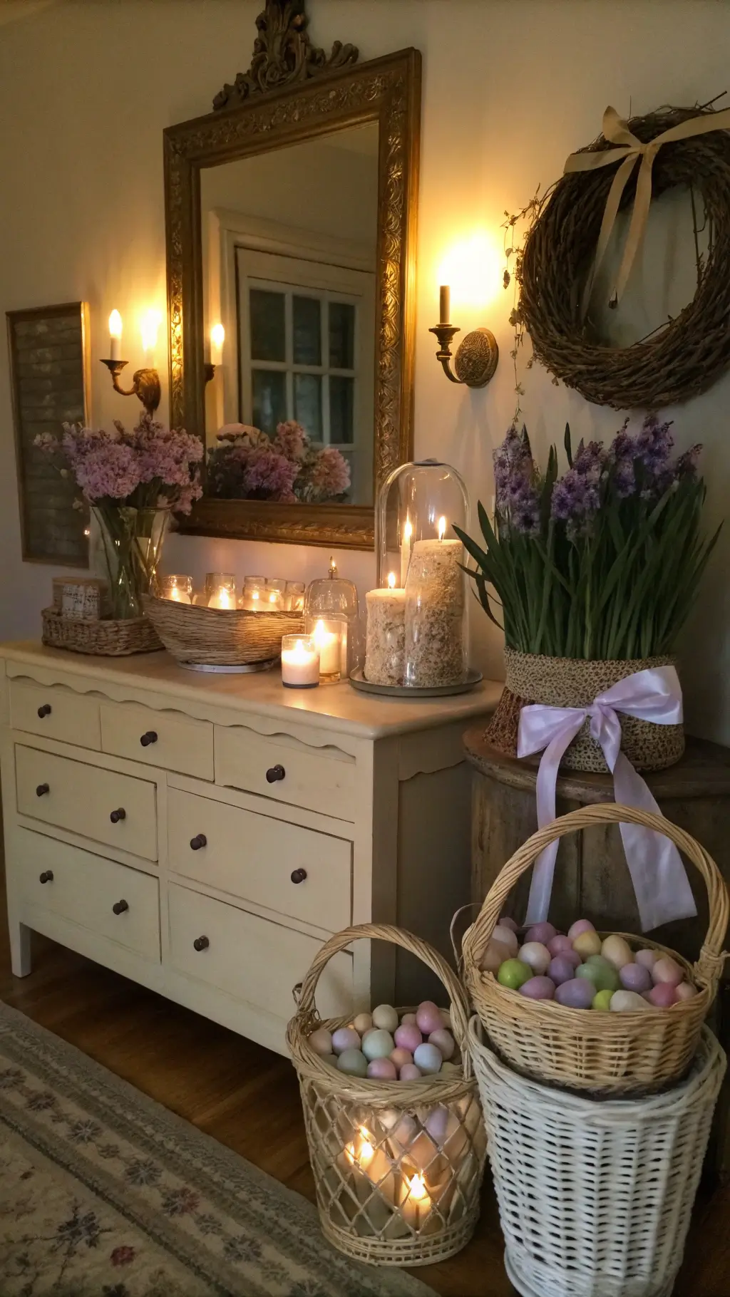 Cozy sitting area with vintage Easter display, antique gold mirror, and woven baskets in ambient lighting