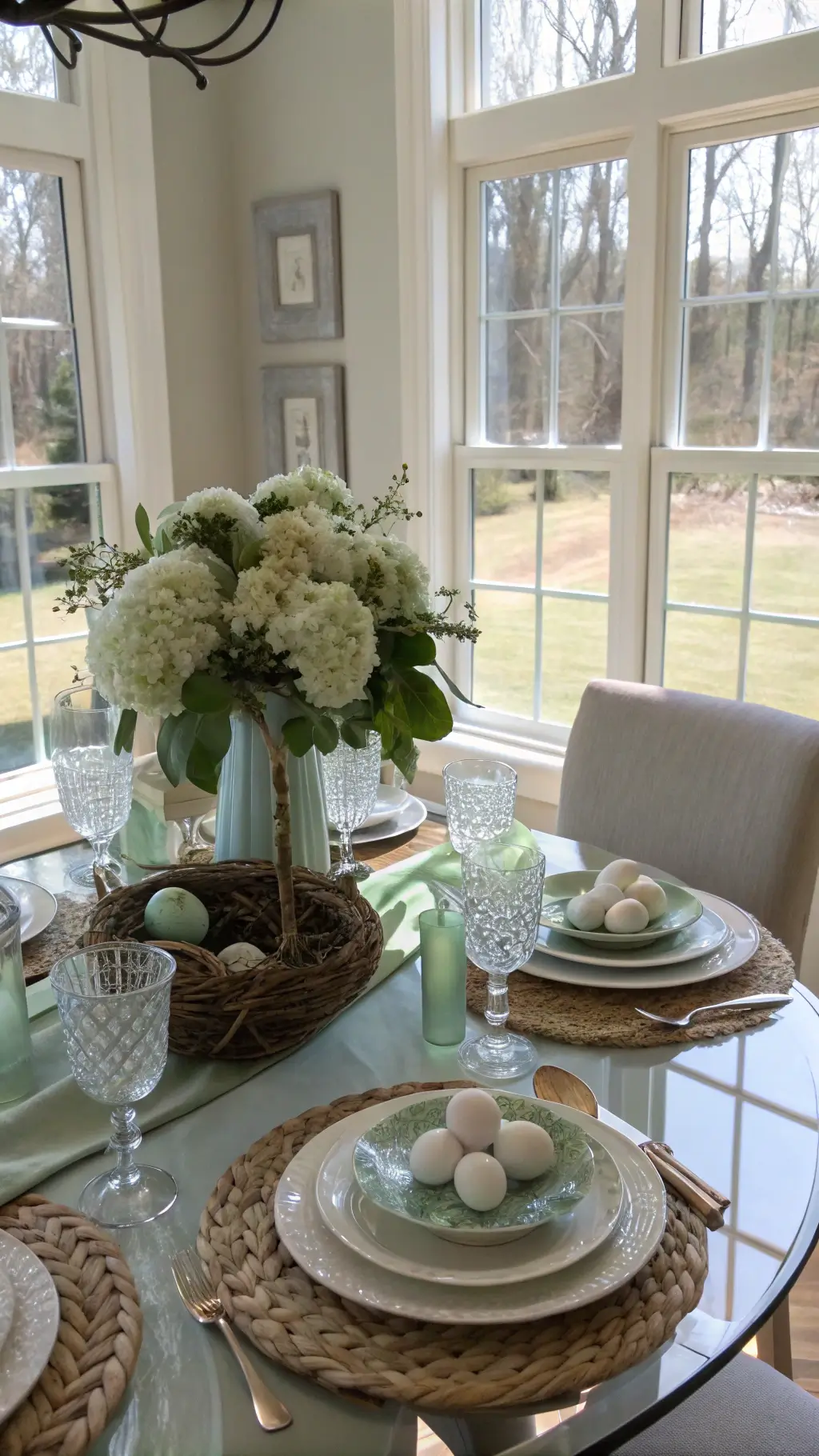 easter breakfast setting in a sunlit nook, featuring table with sage green runner, white plates on silver chargers, nest centerpiece painted eggs and hydrangeas, crystal glasses scattering light, morning dew fresh flowers soft focus.