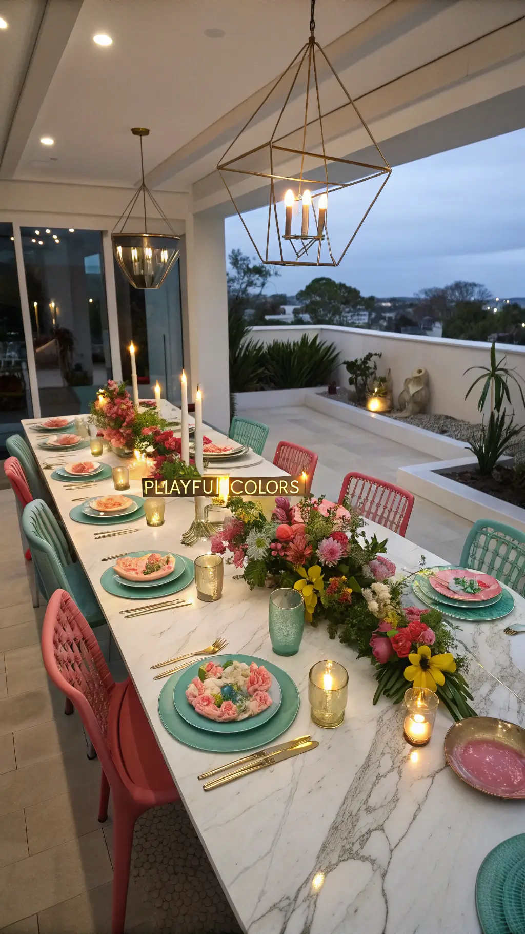 twilight-lit open-concept dining room decorated for easter with'playful colors' theme, featuring coral chargers, mint green plates, gold-rimmed glassware, large paper flowers and lilies centerpiece, geometric brass candleholders, shot from an overhead angle.