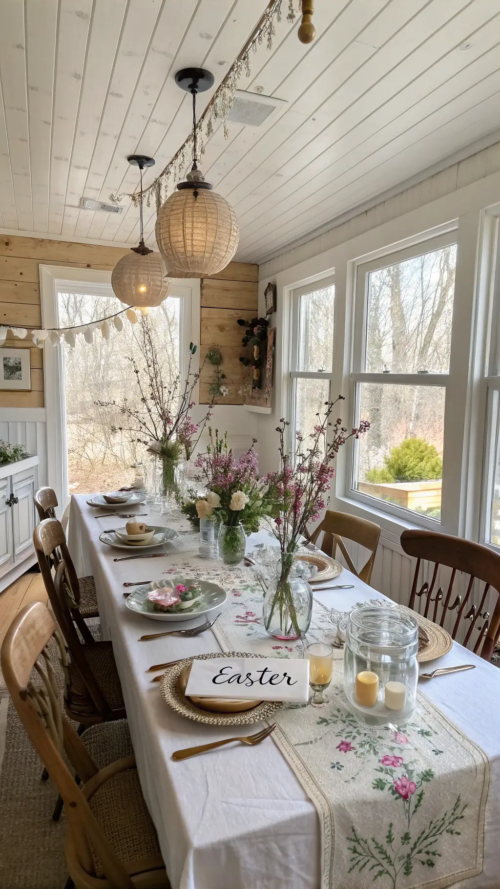 easter dining table in a sunlit cottage nook featuring diy decorations, mason jar centerpieces with cherry blossoms, hand-drawn botanical runner, and vintage plates setup rosemary sprigs on white napkins.