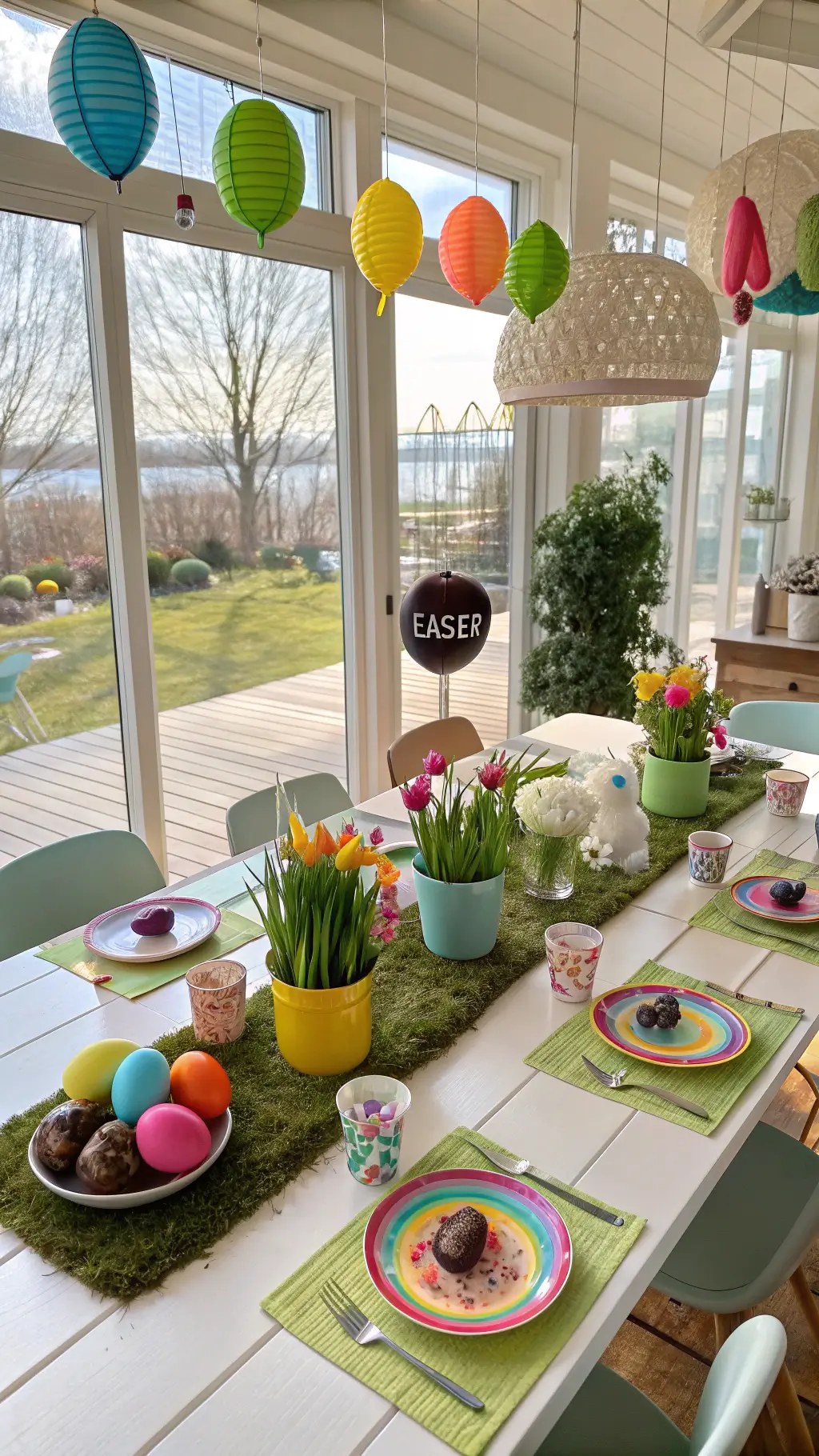 kid-friendly easter dining setup with colorful plates, potted spring bulbs centerpiece, chocolate bunnies at each place setting, and paper lanterns in a bright, contemporary space floor-to-ceiling windows.
