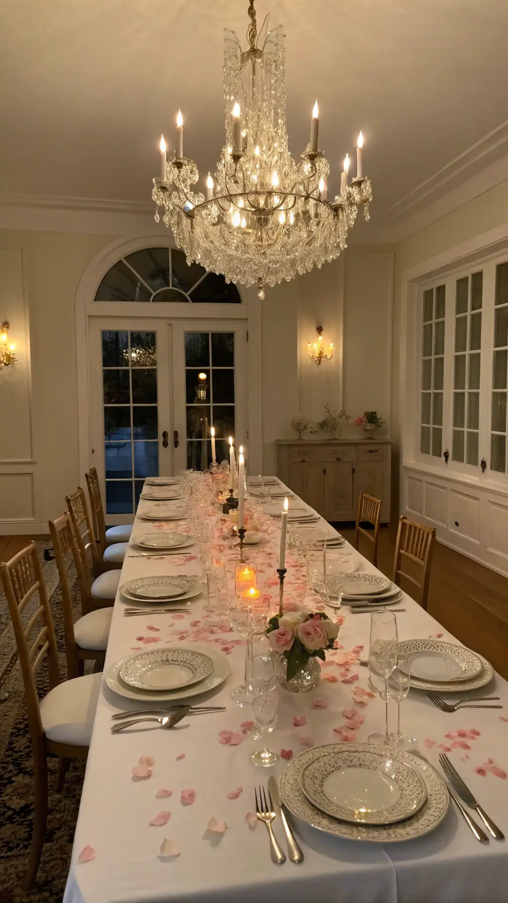 elegant dining room during golden hour, featuring a crystal chandelier, minimalist easter table with white linen and china accented by pale pink roses, rose petal runner mercury glass votives, modern ghost chairs.