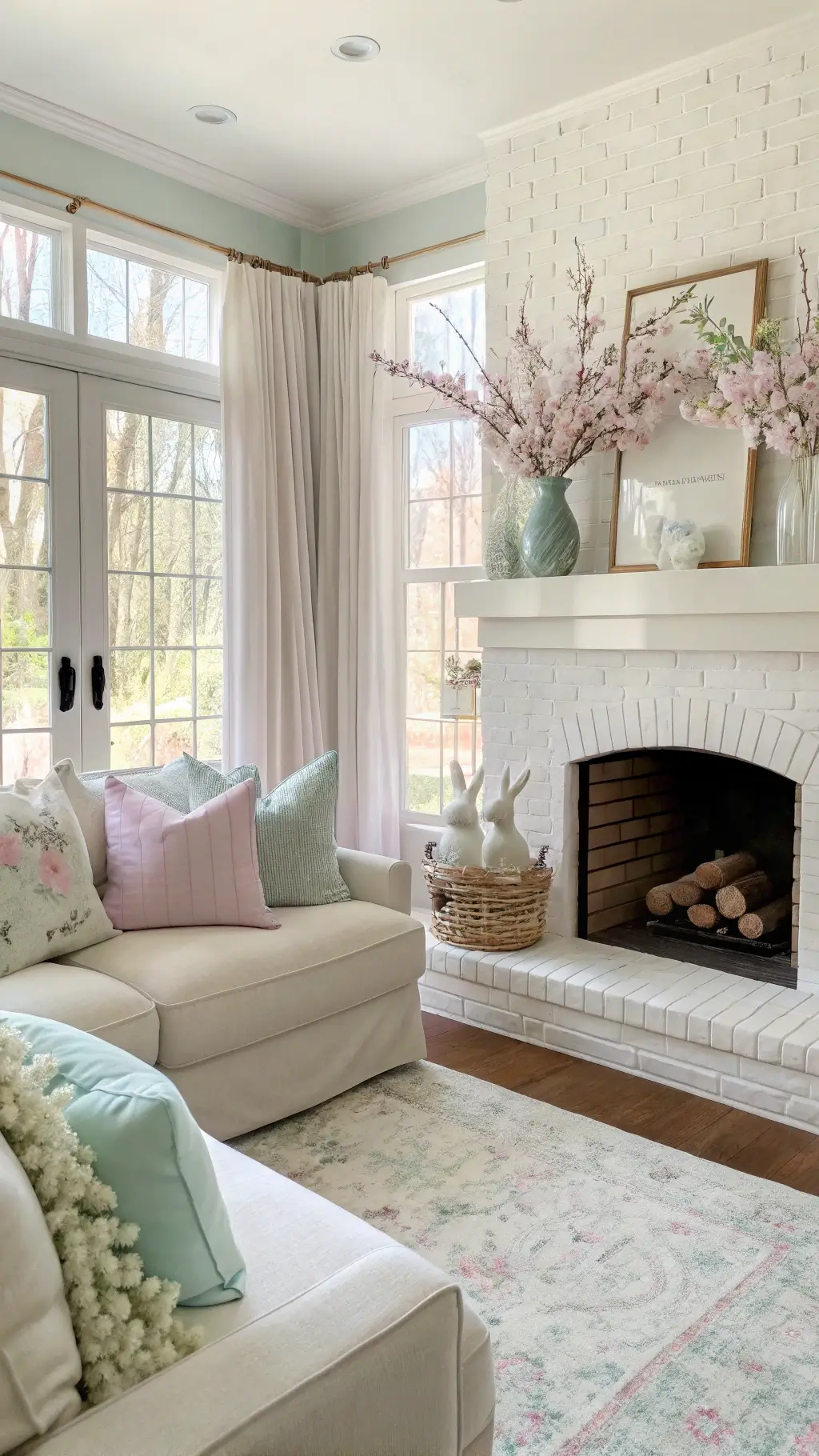 Bright living room with plush cream sectional, white-painted brick fireplace, marble mantel featuring Easter decor, under radiant afternoon light filtered by sheer curtains.