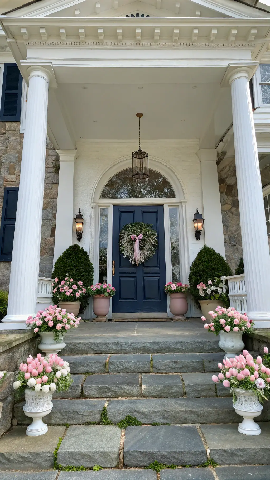 Classic portico with white columns, navy front door adorned with spring wreath of blush roses and hydrangeas, surrounded by copper planters filled with pink tulips and daisies, stone steps decorated with lanterns and moss-covered bunnies in early morning light.