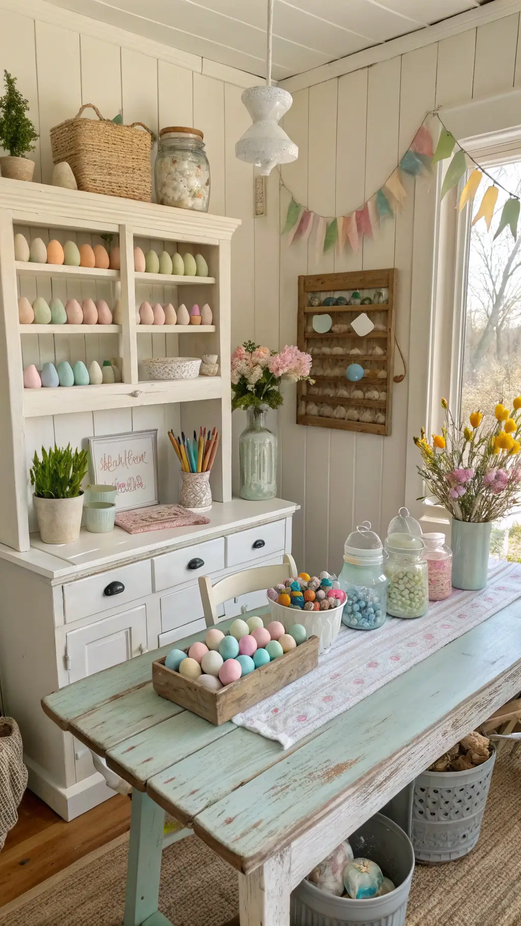 Sunlit cozy crafting nook with DIY Easter projects on vintage farmhouse table, including hand-painted pastel wooden eggs, mason jars with spring flowers, and a handcrafted egg garland; clear glass containers and weathered white shelving displaying craft supplies, shot from above in soft natural light.