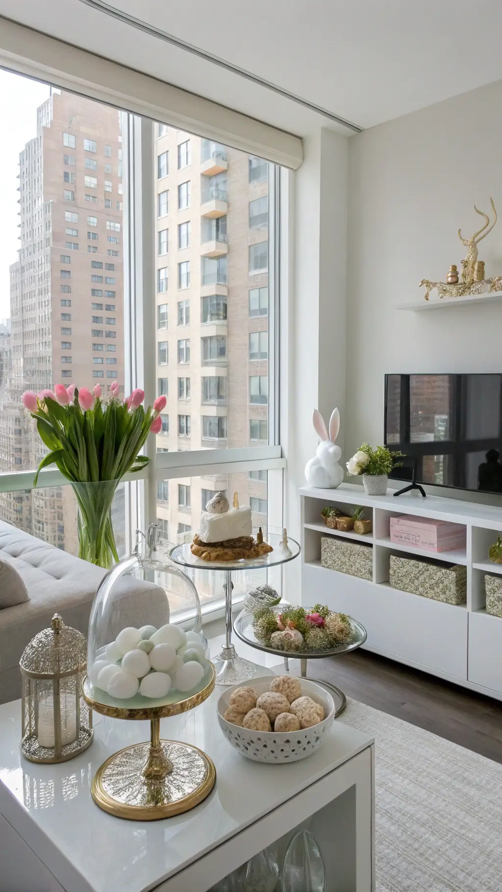 Minimalist urban living room illuminated with mid-morning light, featuring a white console table displaying metallic eggs, ceramic bunnies, tulips, and coordinated vignettes on floating shelves.