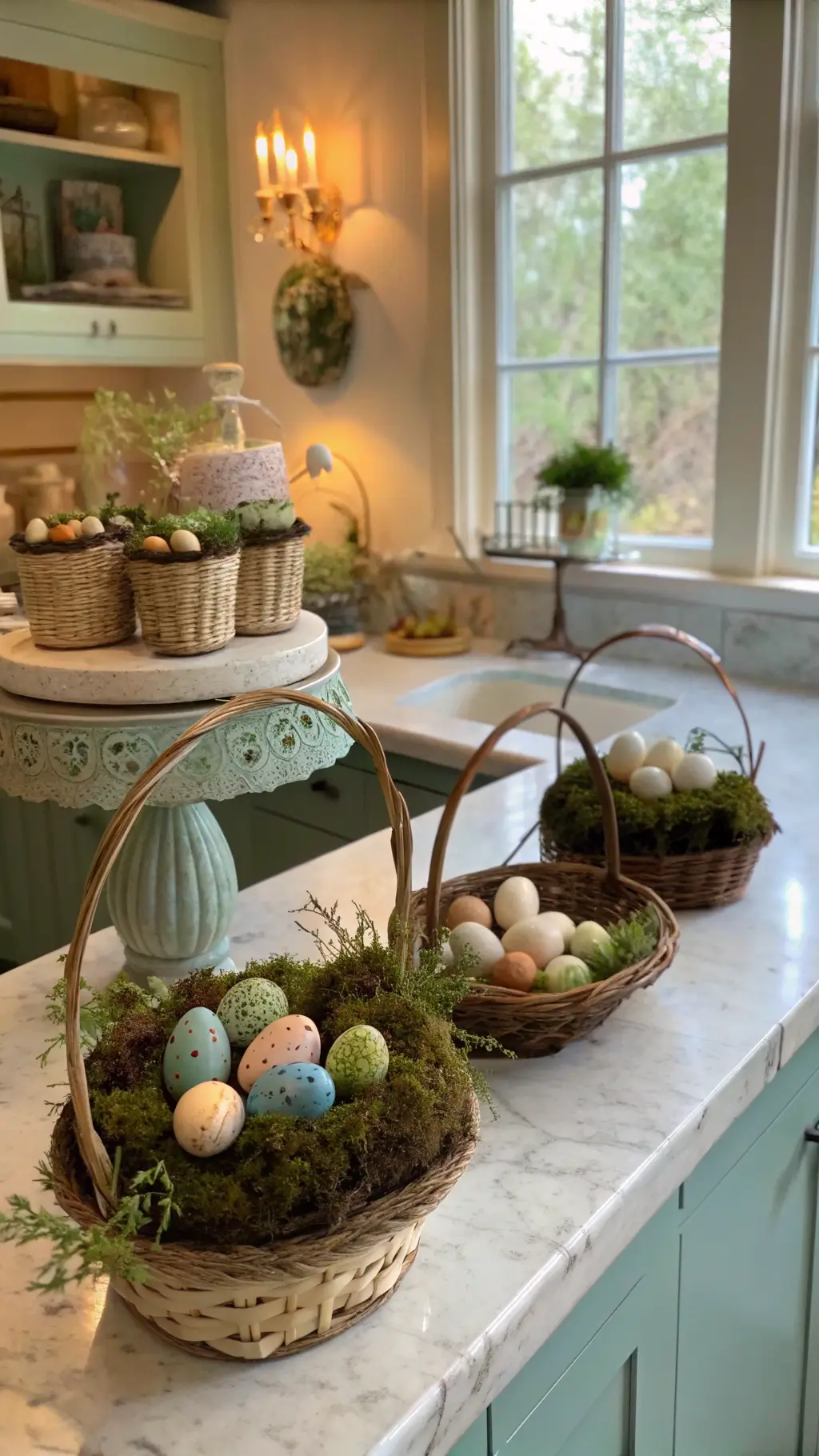 Artisanal Easter baskets filled with moss, speckled eggs, and botanical elements arranged on marble countertop in traditional kitchen illuminated by warm afternoon light through garden window, complemented by vintage cake stands displaying spring-themed treats in natural fibers, sage green, cream, robin's egg blue palette.