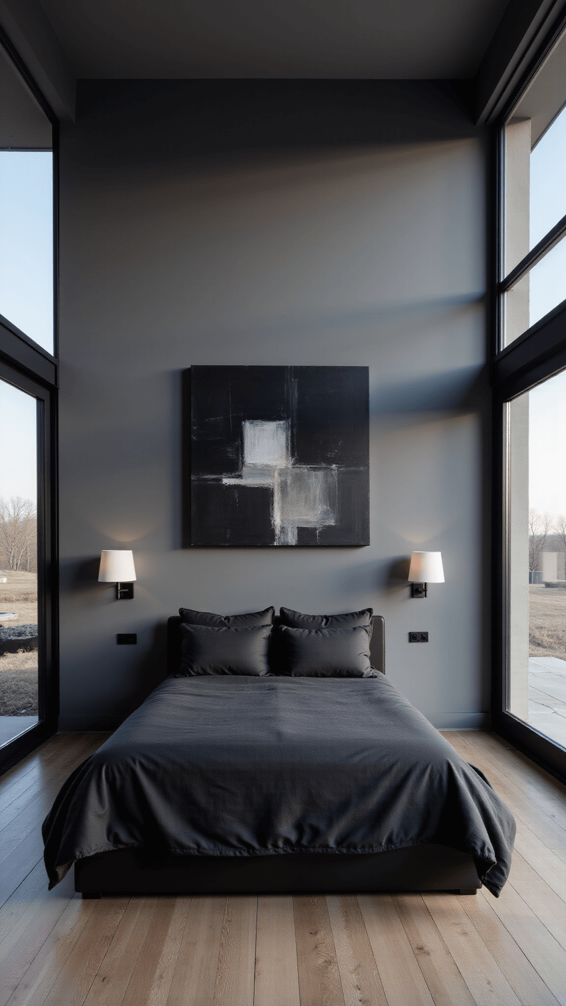 Minimalist master bedroom at dusk with dark walls, black linen California king bed, abstract artwork, matte black sconces, and floor-to-ceiling windows.