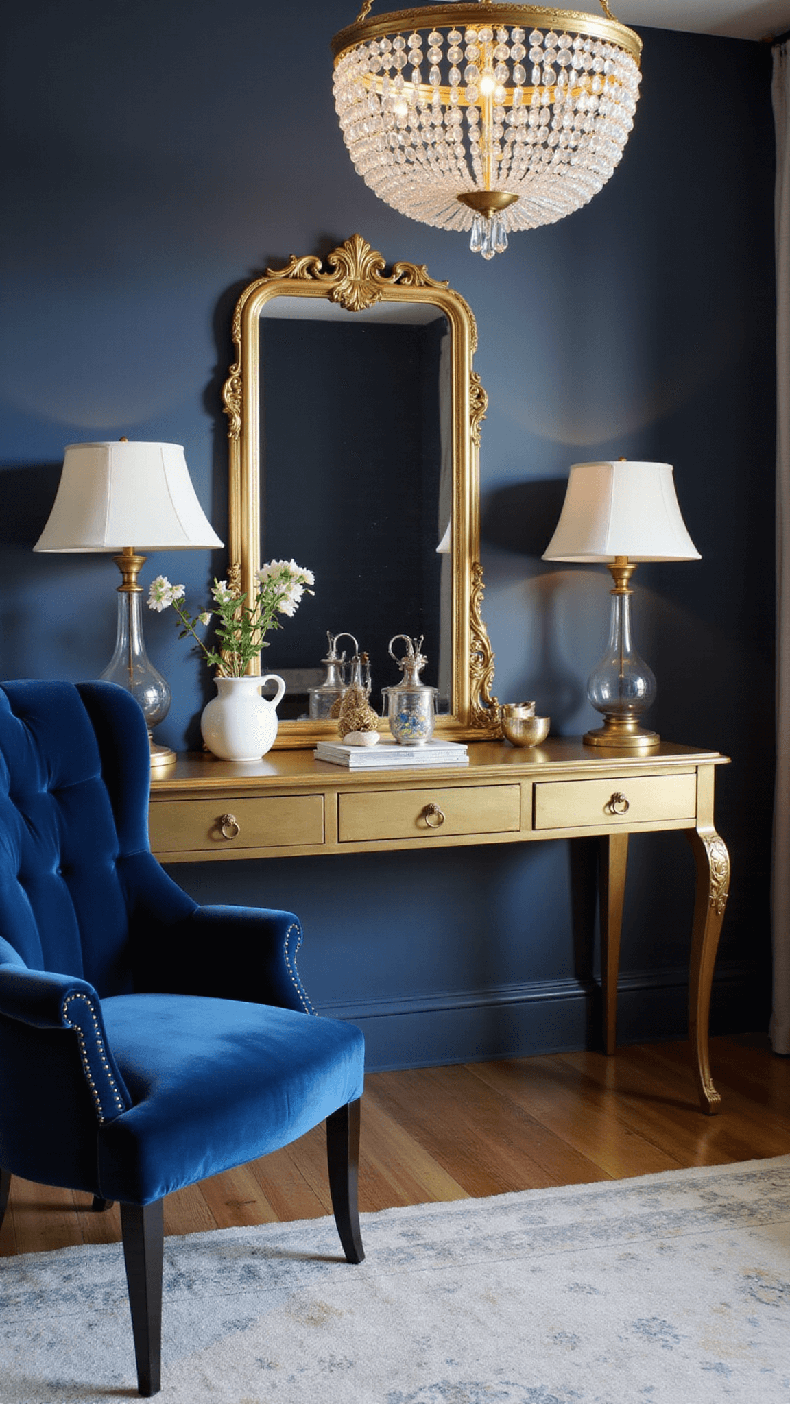 Antique gold vanity against navy walls with crystal chandelier and velvet accent chair in luxe bedroom setting