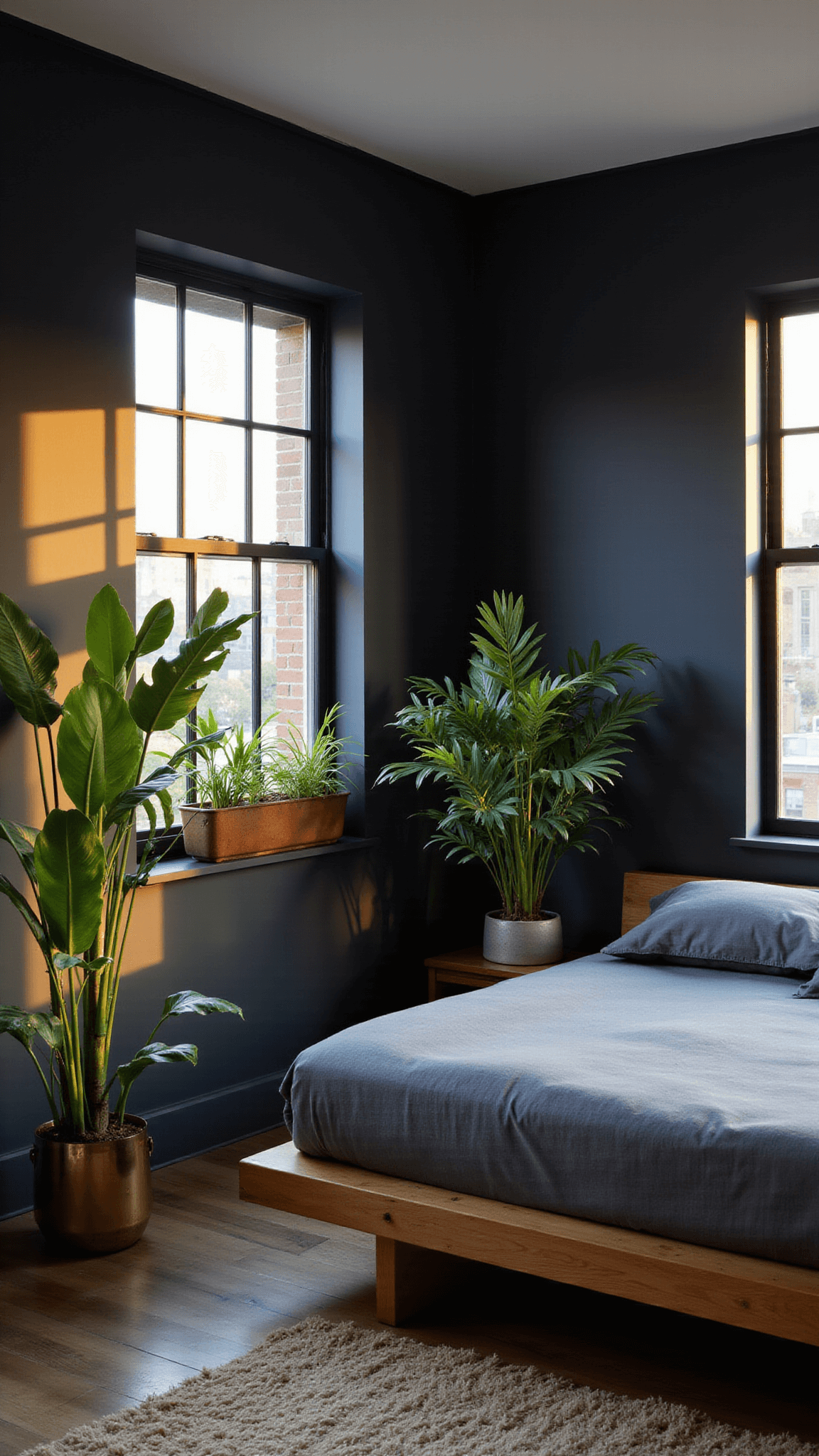 Moody bedroom with dark walls, lush green plants, teak platform bed, and golden hour sunlight highlighting brass plant stands.