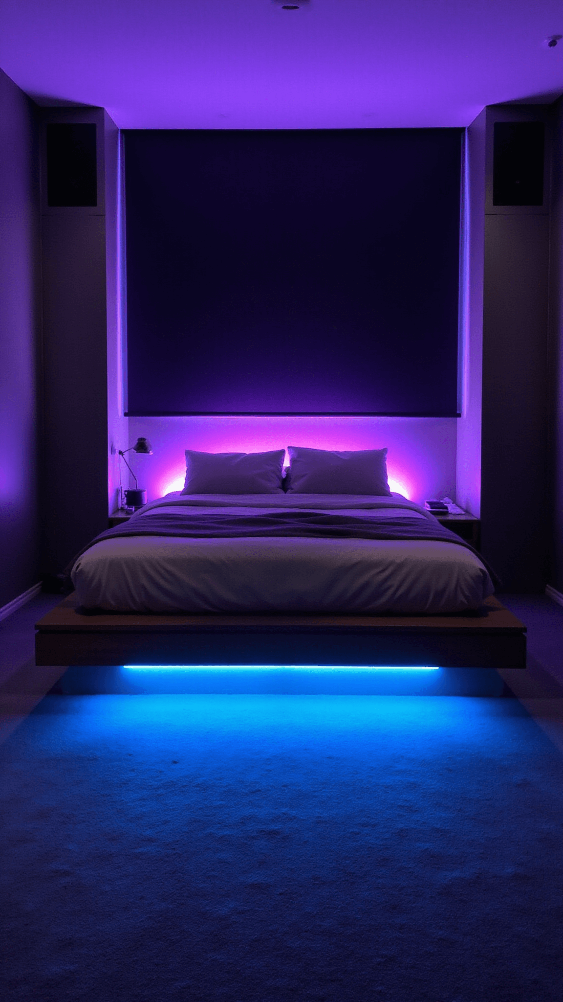 Modern tech-inspired bedroom with ambient purple-blue LED lighting behind floating headboard, motorized blackout blinds, and hidden wall speakers.