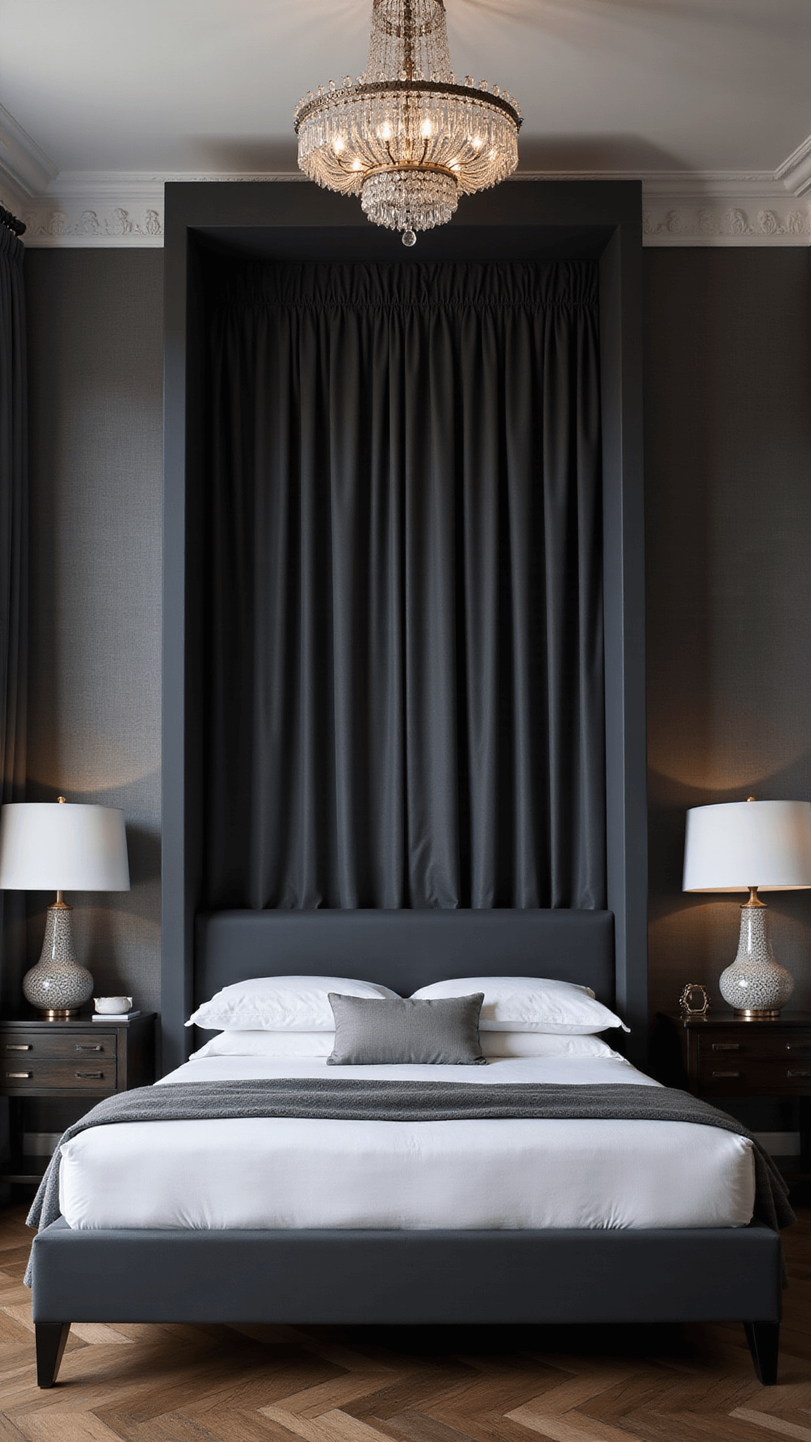 Low-angle view of dramatic master bedroom featuring 12ft matte black canopy bed, vintage crystal chandelier, charcoal grasscloth walls, heavy silk drapes, and dark herringbone floors in moody evening lighting.