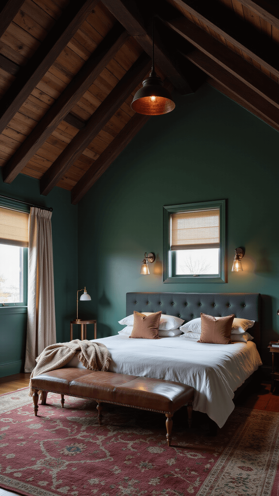 Dramatic attic bedroom with dark beams, emerald walls, low king bed, copper pendant lights, Persian rug, and soft lighting at dusk.