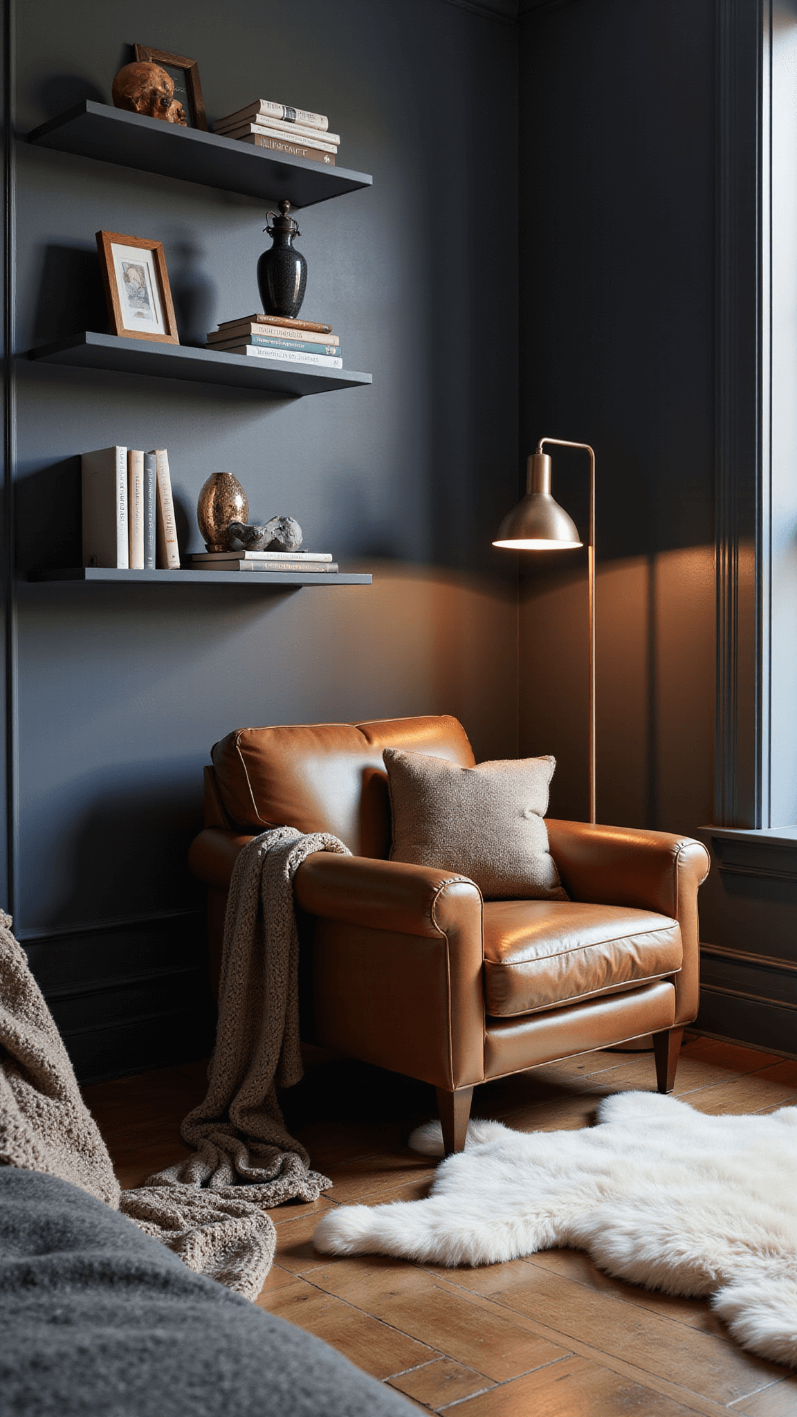 Twilight-lit bedroom nook with vintage leather armchair, brass floor lamp, floating shelves, and layered textiles in a charcoal-toned corner.