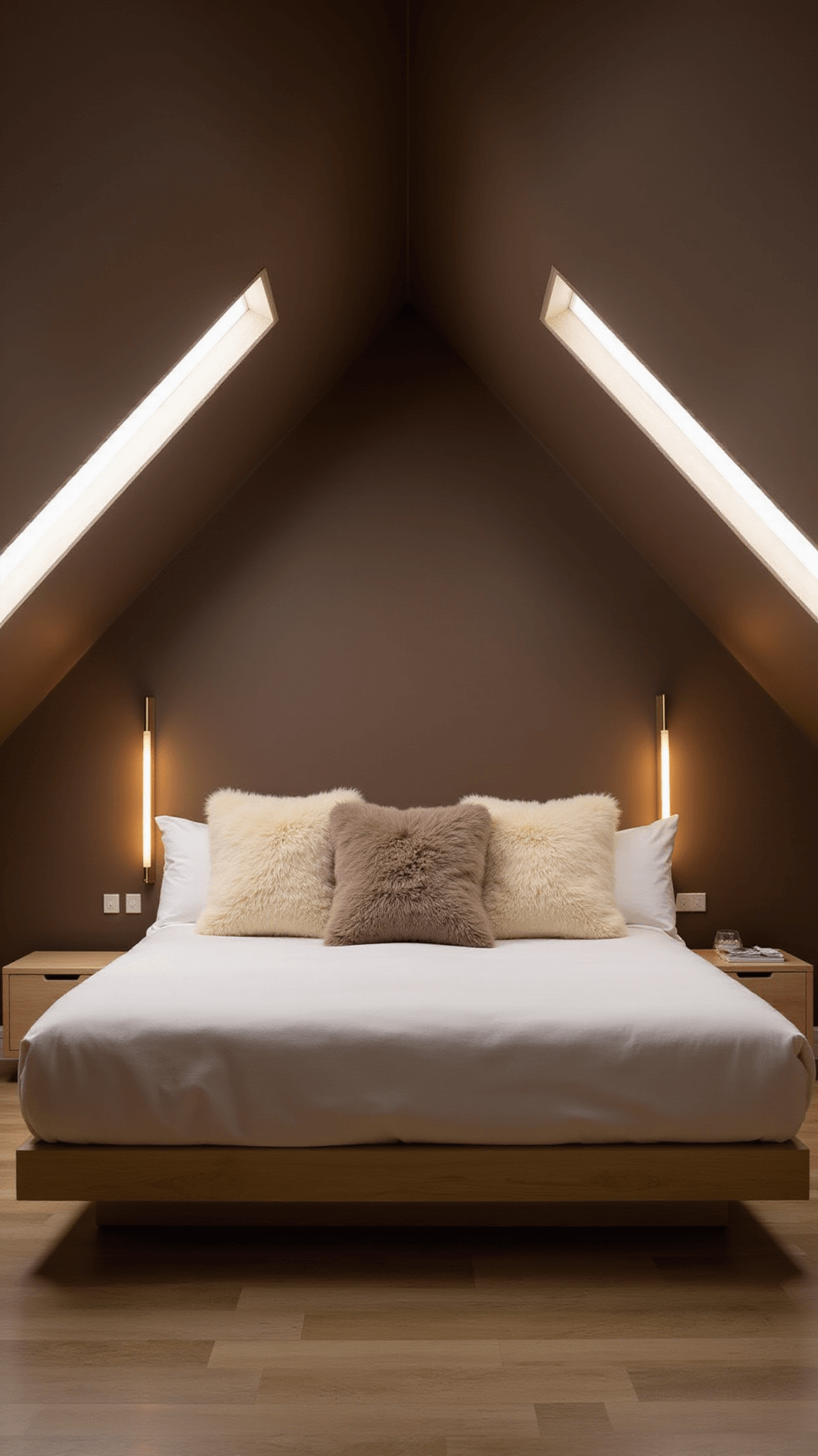 Minimalist sloped-ceiling bedroom at dawn with deep brown walls, custom low bed, cream and taupe Mongolian wool pillows, hidden linear LED lighting, and strong diagonal morning shadows highlighting natural materials.