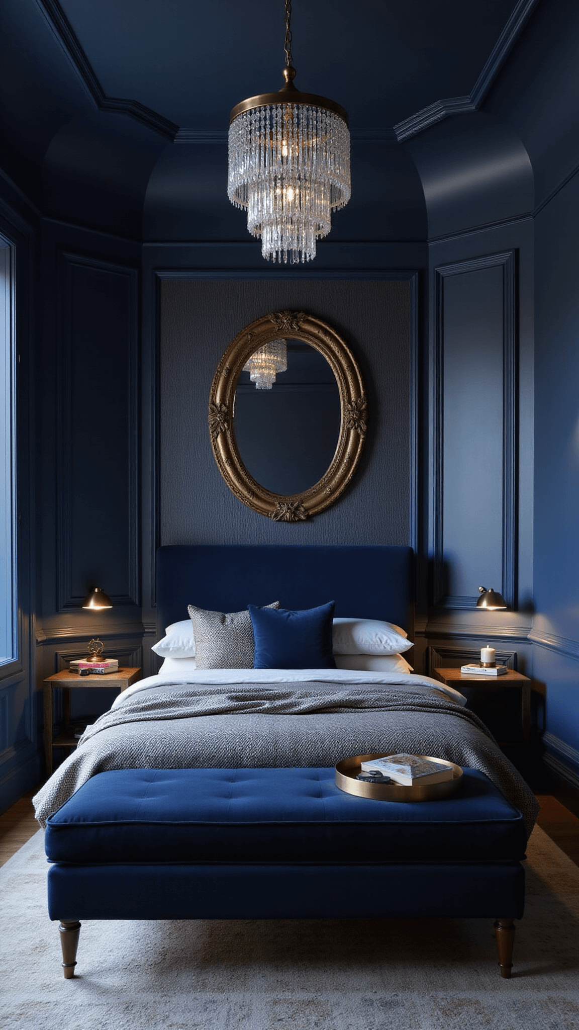 Moody blue-hour alcove bedroom with high-gloss midnight walls, floating bed, crystal pendant light, and rich velvet and silk textures.