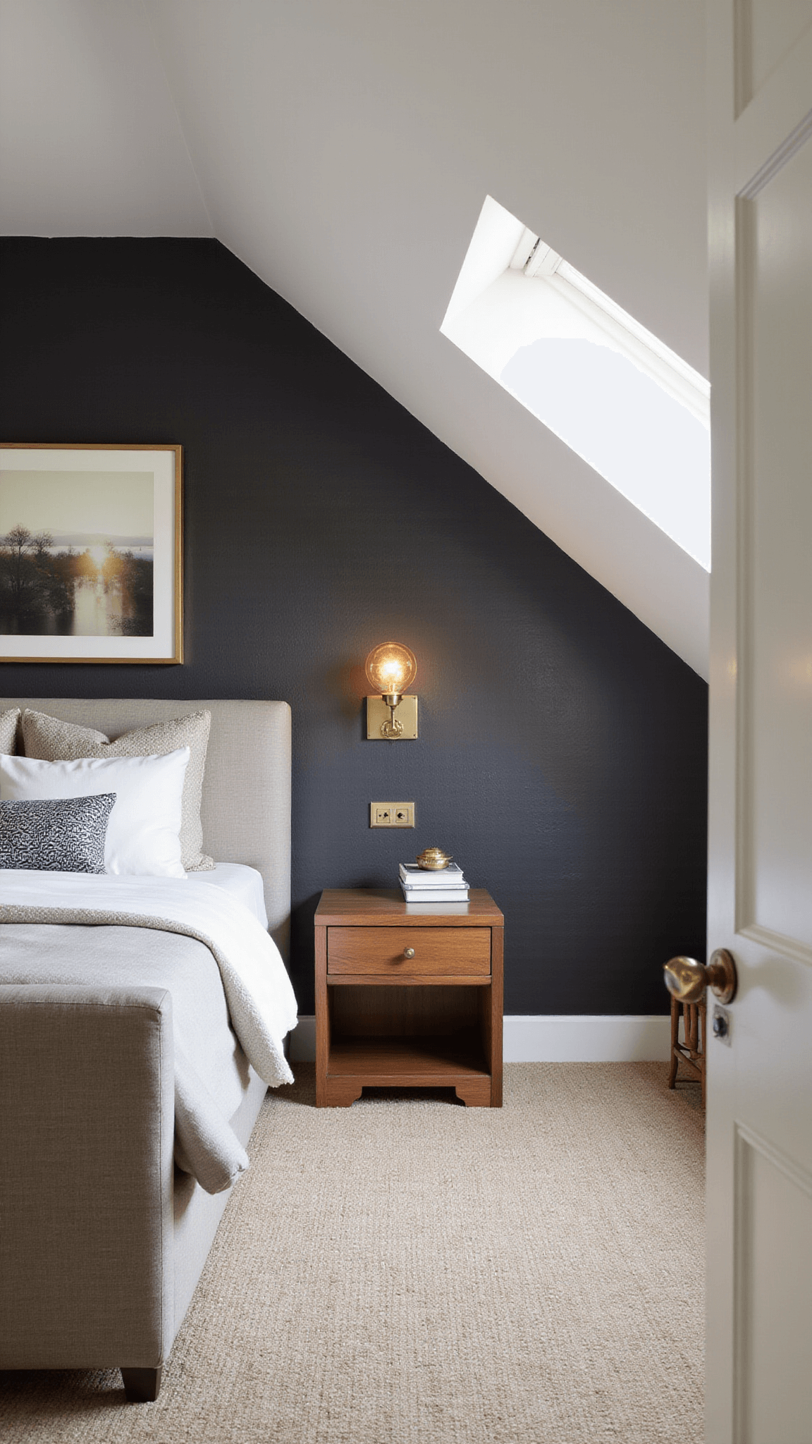 Modern under-eaves bedroom with charcoal grasscloth walls, white ceiling, walnut furniture, brass lighting, and warm sunset backlighting.