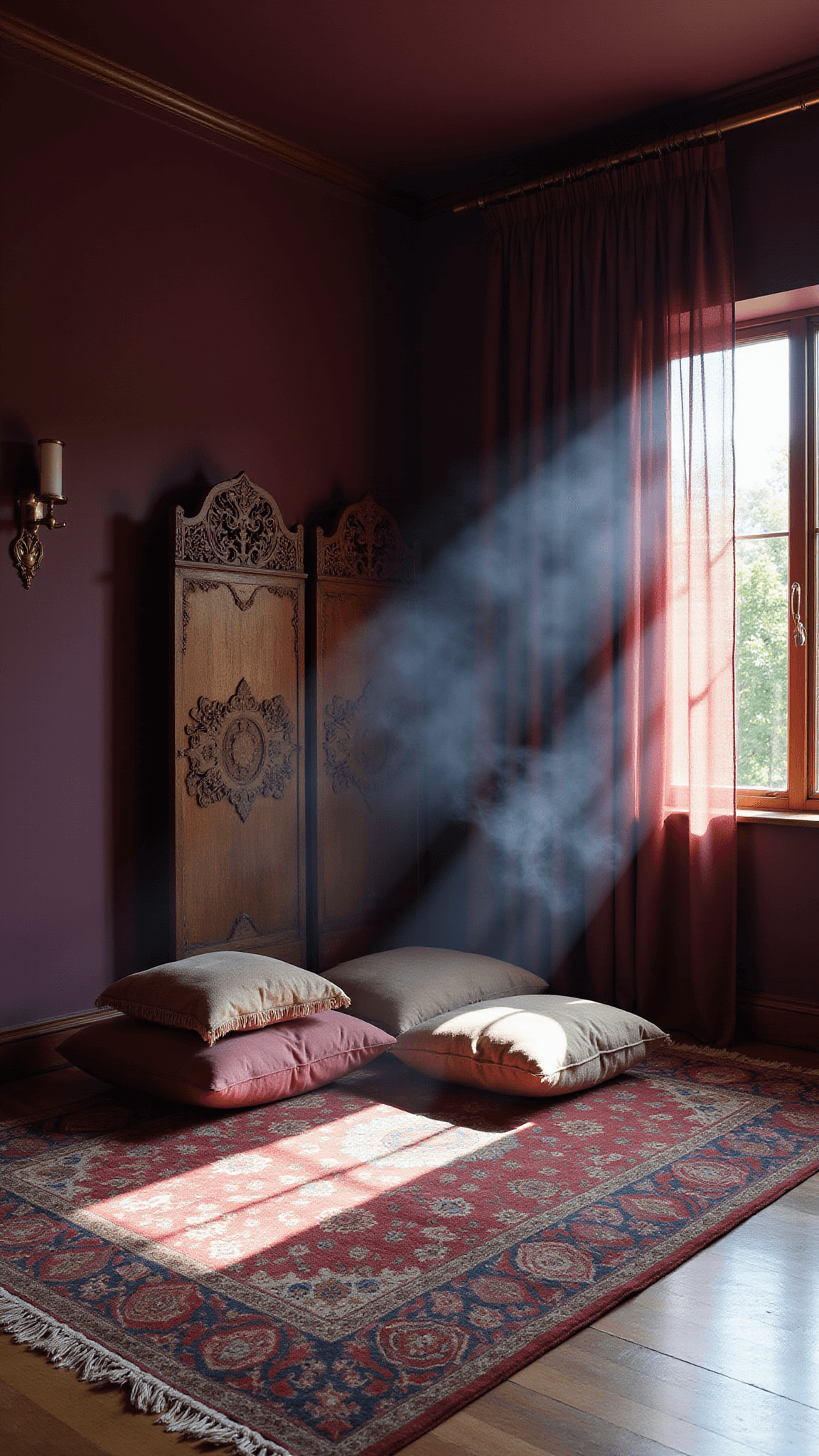 Meditation corner in master bedroom with deep aubergine walls, Moroccan rug, floor cushions, and velvet curtains, softly lit by morning light through sheer panels.