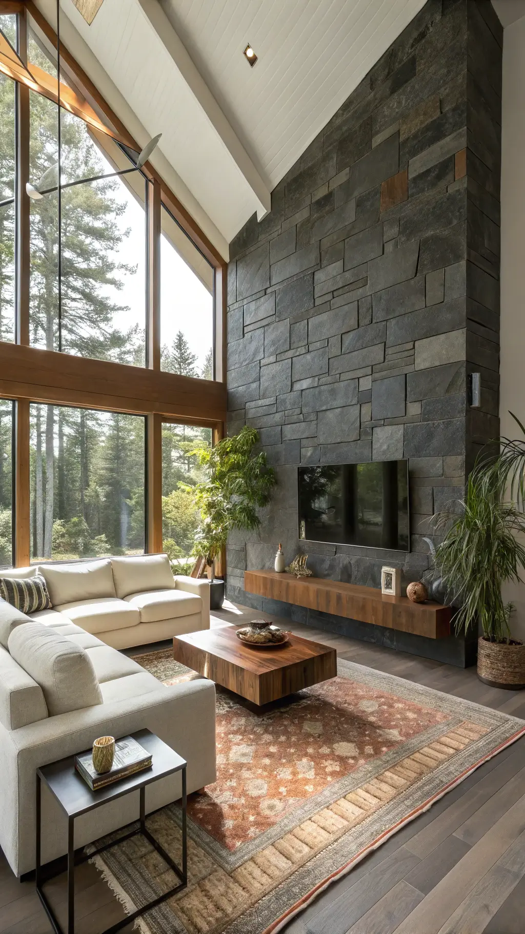 Modern living room with a floor-to-ceiling charcoal slate accent wall, vaulted ceiling, ivory sectional sofa, walnut coffee table, and warm sunlight streaming through western windows.
