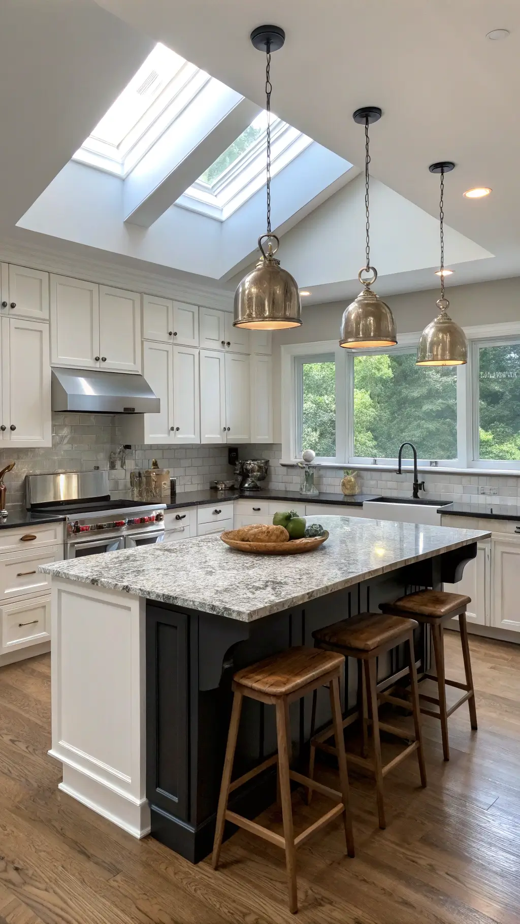 Contemporary kitchen showcasing a black and white speckled granite waterfall island, white shaker cabinets, chrome pendant lighting, slate herringbone backsplash, and oak bar stools beneath a skylight.