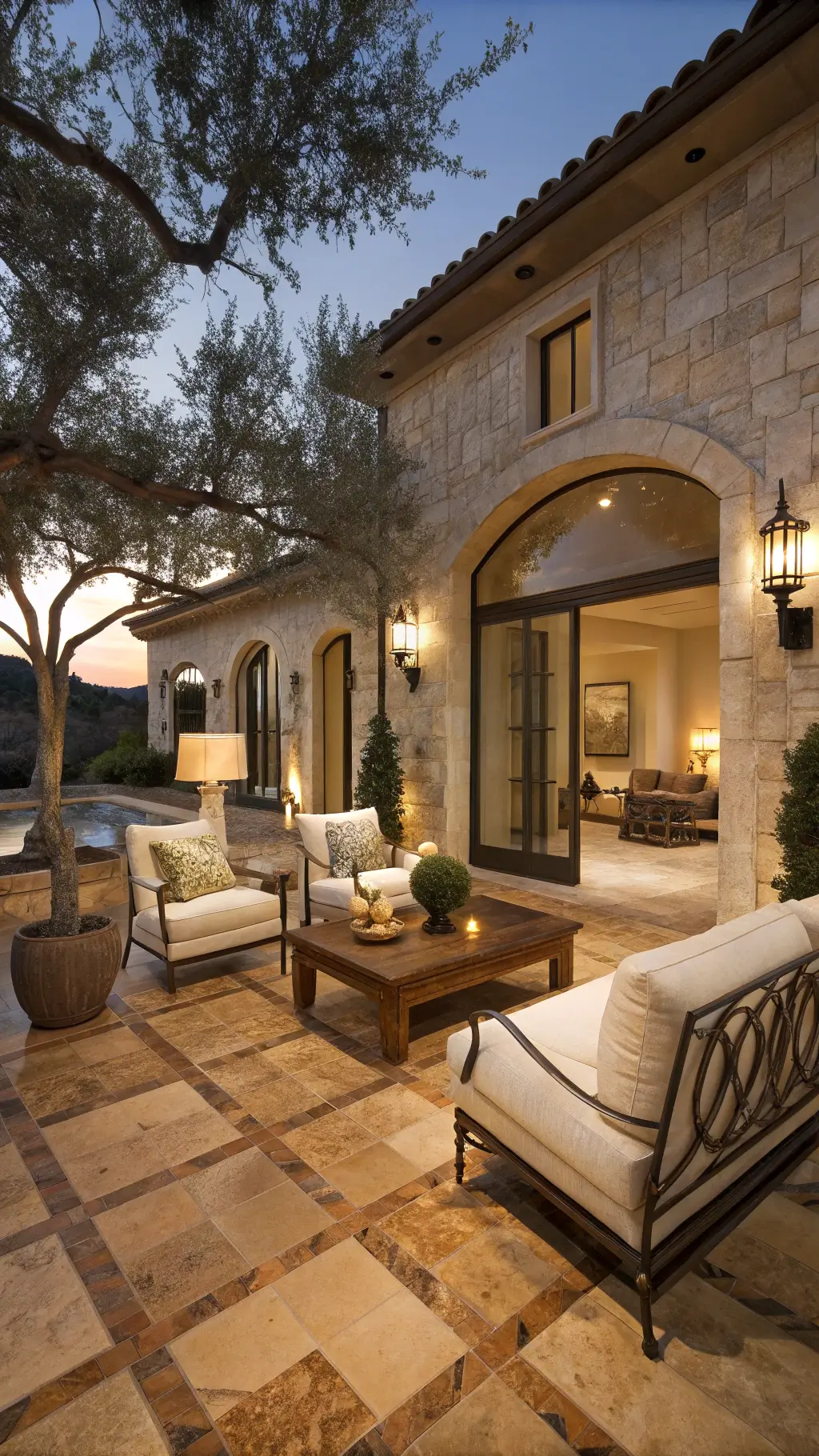 Mediterranean-style courtyard living room with travertine flooring, cream sofas, leather chairs, olive trees, and ambient dusk lighting emphasizing indoor-outdoor harmony.