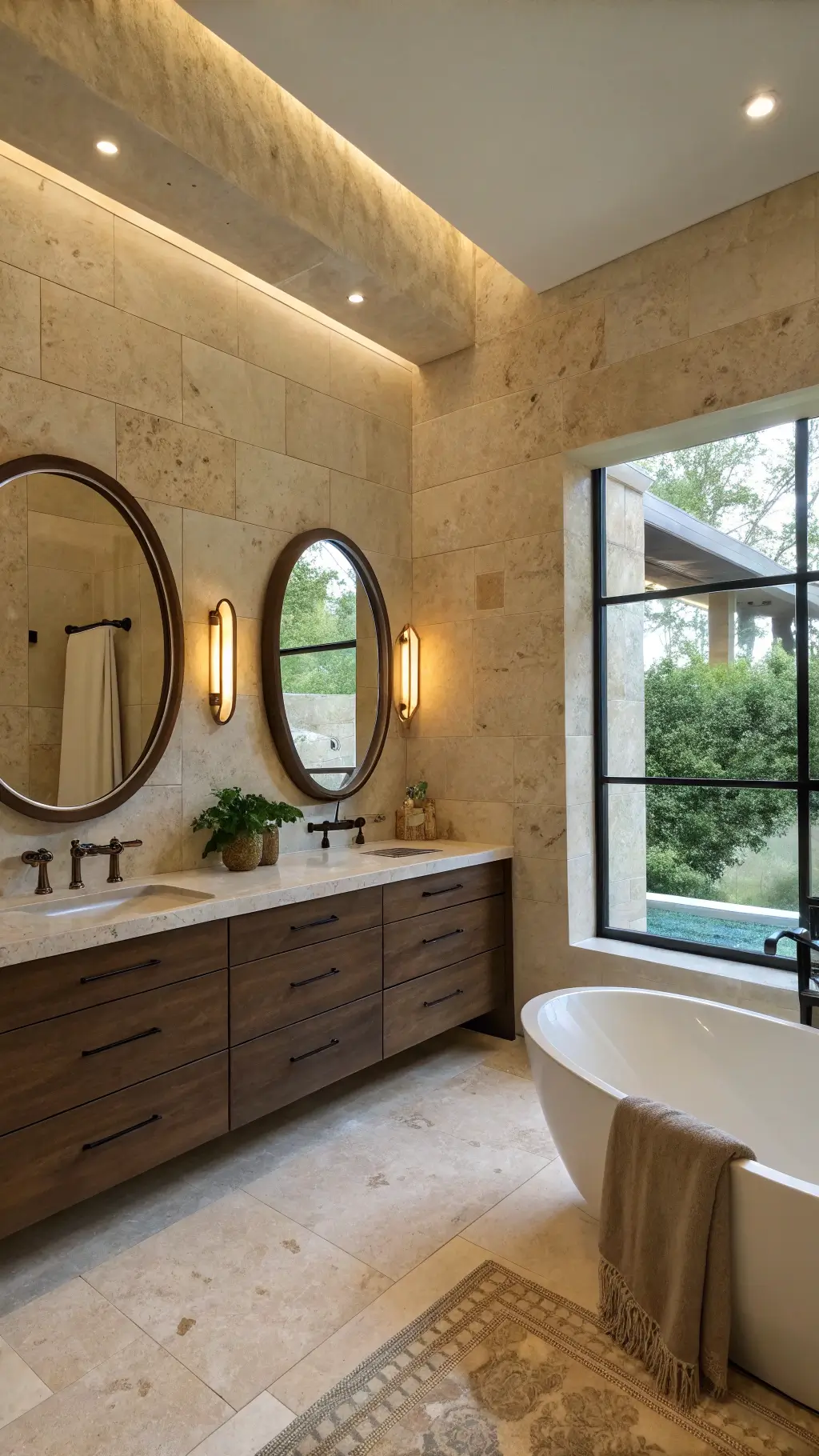 Luxurious bathroom featuring limestone walls, a freestanding soaking tub, dark walnut double vanity, circular illuminated mirrors, and soft sage green decor accents.