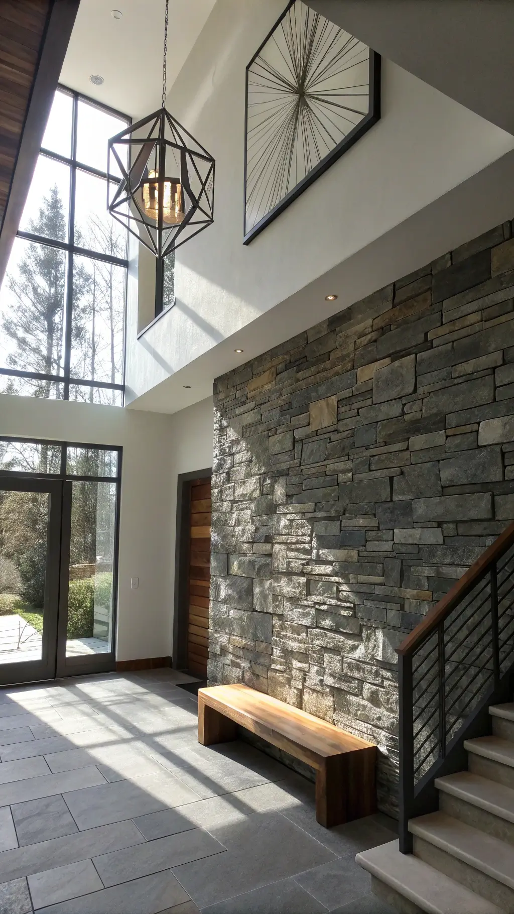 Contemporary double-height foyer with mixed gray and white stacked stone wall, floating wooden bench, large abstract artwork, and geometric pendant lighting casting shadows.