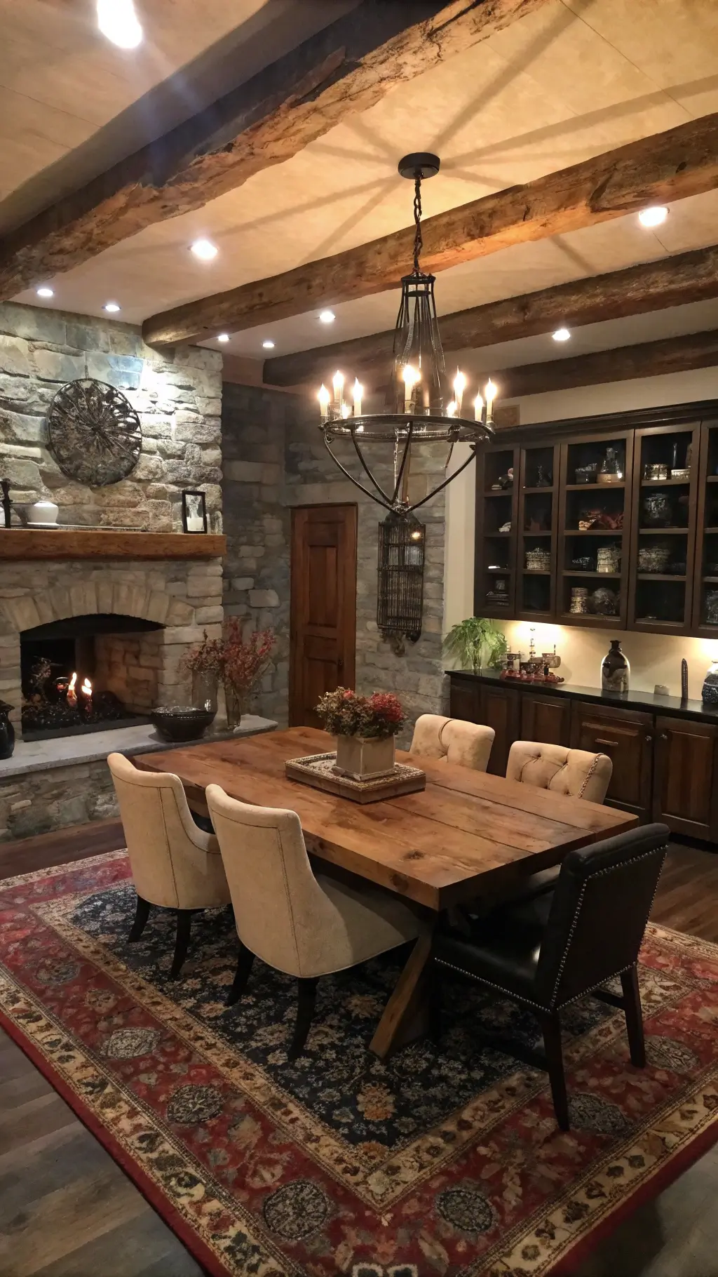 Rustic-modern dining area with exposed wooden beams, granite fireplace, reclaimed wood table on a Persian rug, mixed seating, and warm ambient lighting.