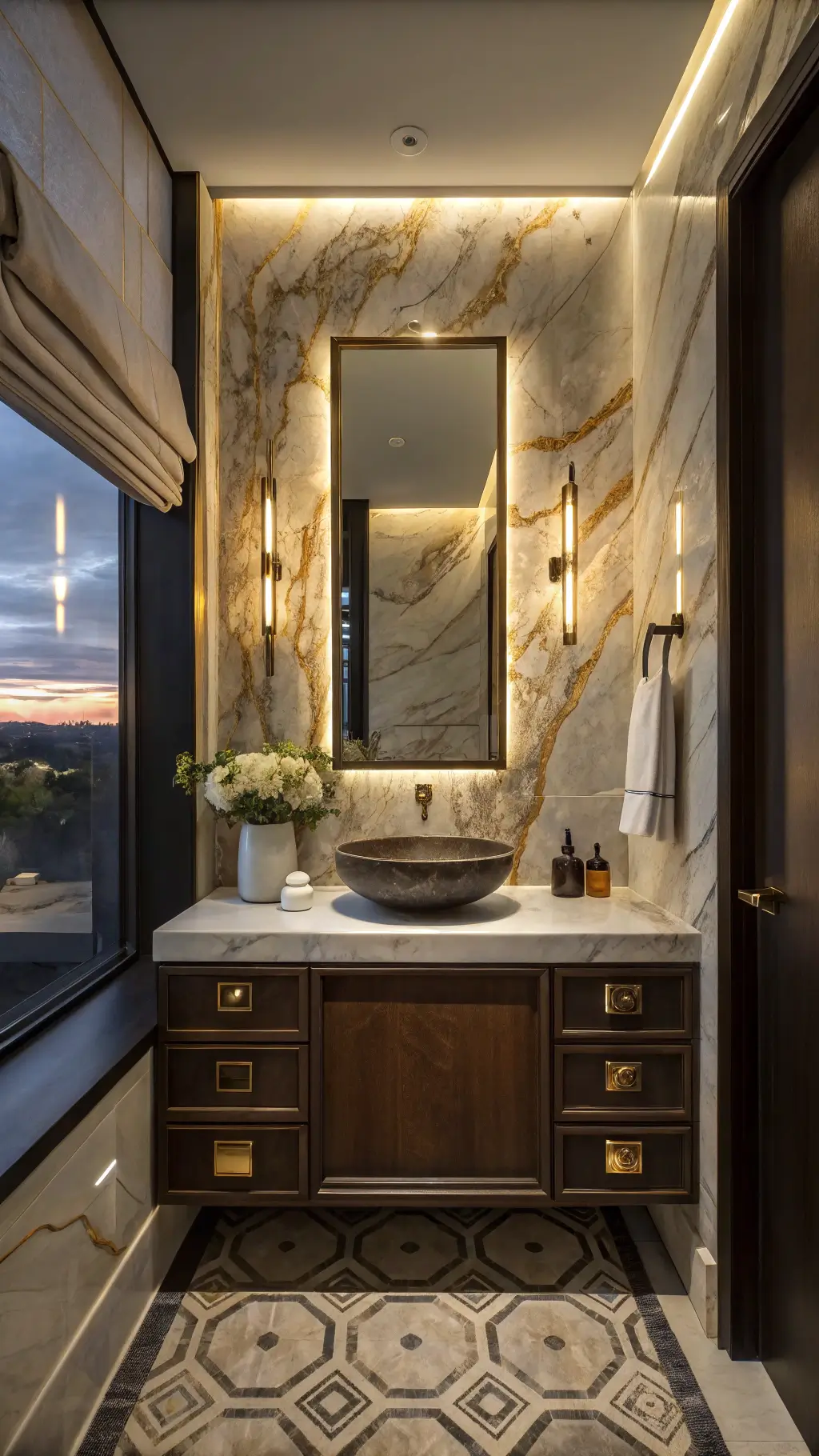 Luxurious 8x10ft powder room with backlit book-matched onyx feature wall, floating dark walnut vanity, antique brass fixtures, and geometric nero marquina marble floor tiles.