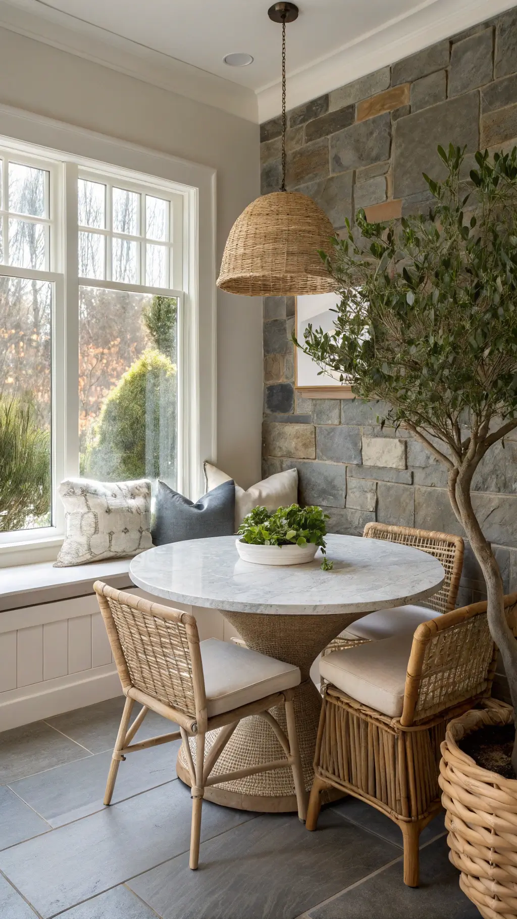 Sunlit breakfast nook with slate feature wall, marble table, rattan chairs, linen window seat, ceramic pendant light, and potted olive tree.