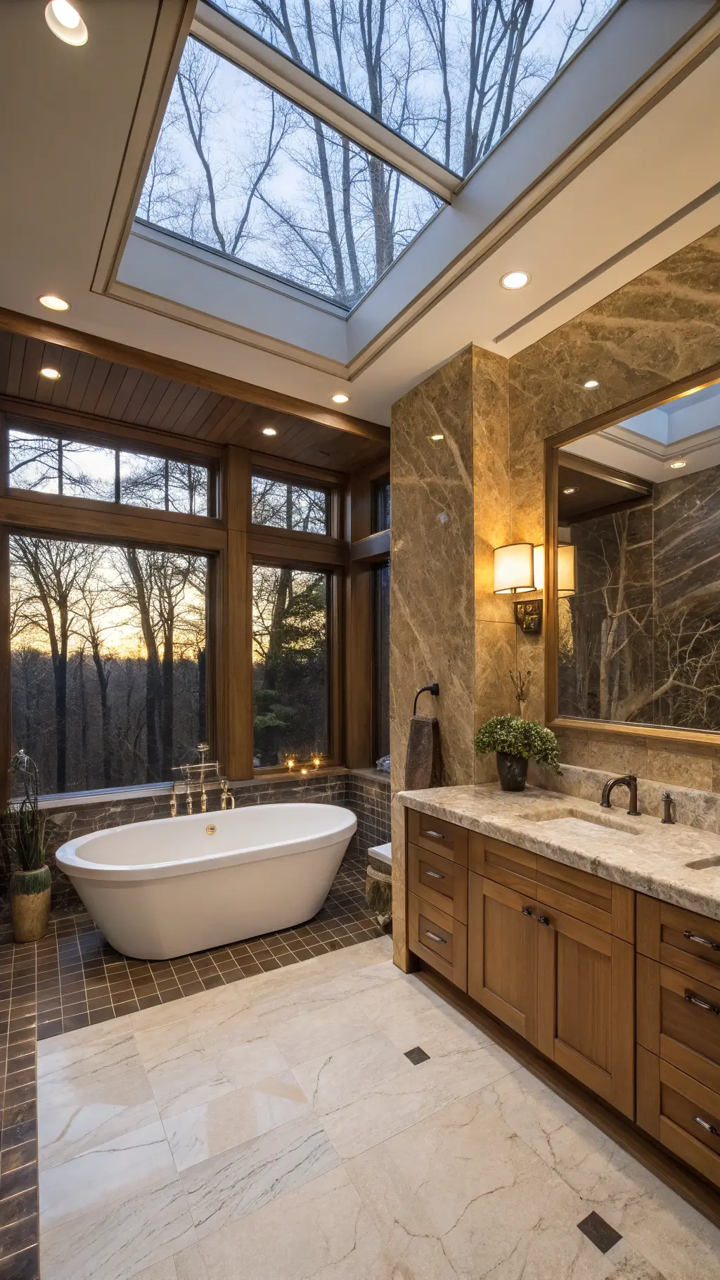 Luxurious master bathroom with book-matched Emperador marble walls, oversized soaking tub, floating bleached oak double vanity, and soft twilight lighting through frosted skylights.