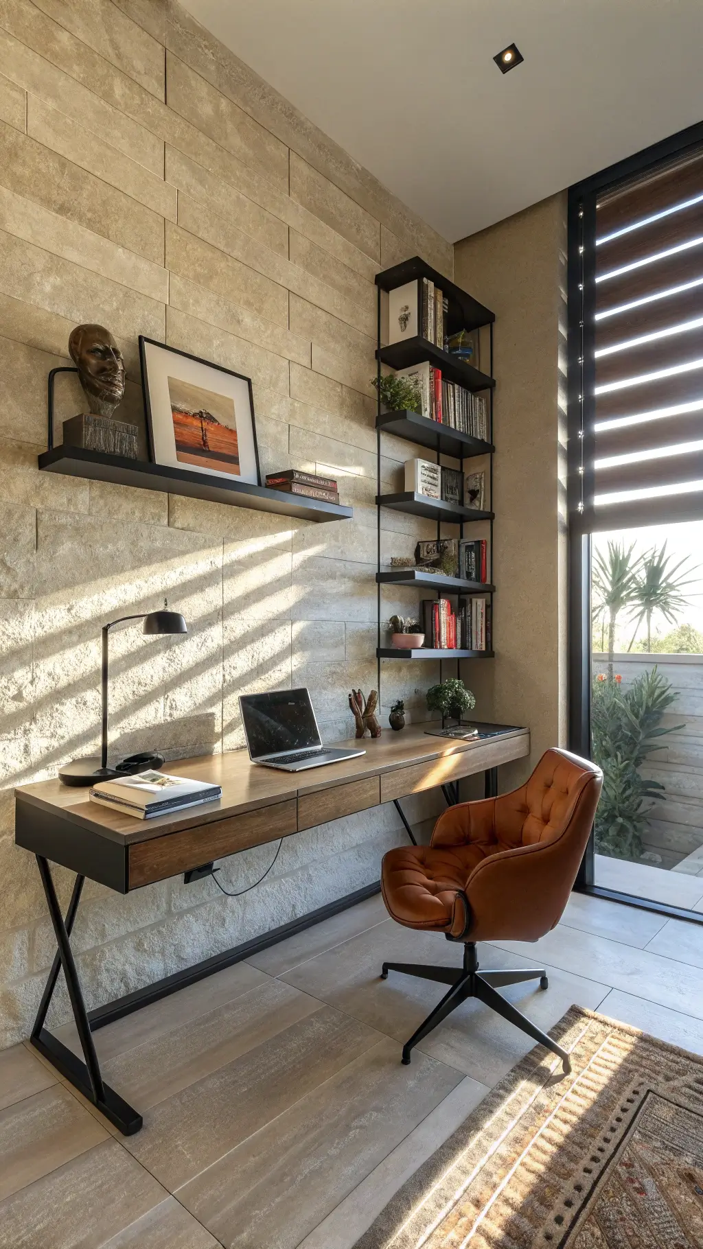 Modern 18x22ft home office with travertine accent wall, floating blackened steel desk, leather chair, built-in shelves, and dramatic afternoon light through vertical slats.