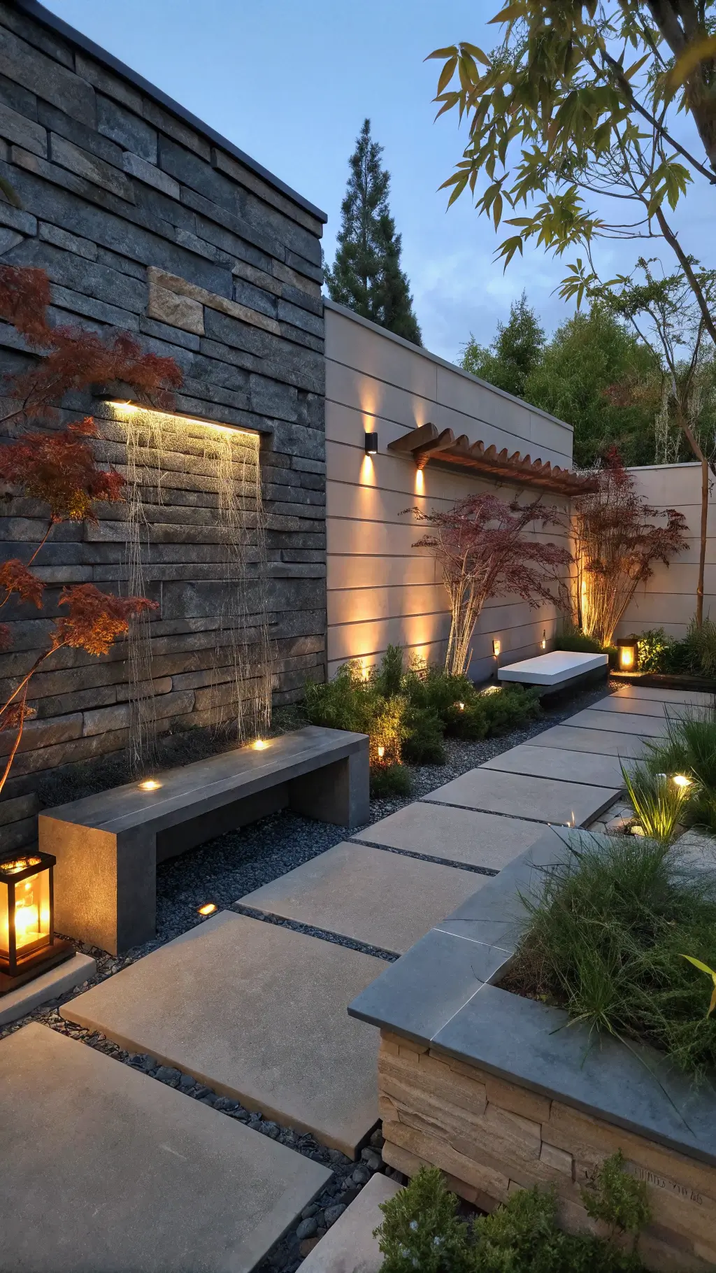 Zen courtyard at blue hour with slate water wall, concrete benches with sheepskins, illuminated Japanese maples, limestone pavers, and copper lanterns.