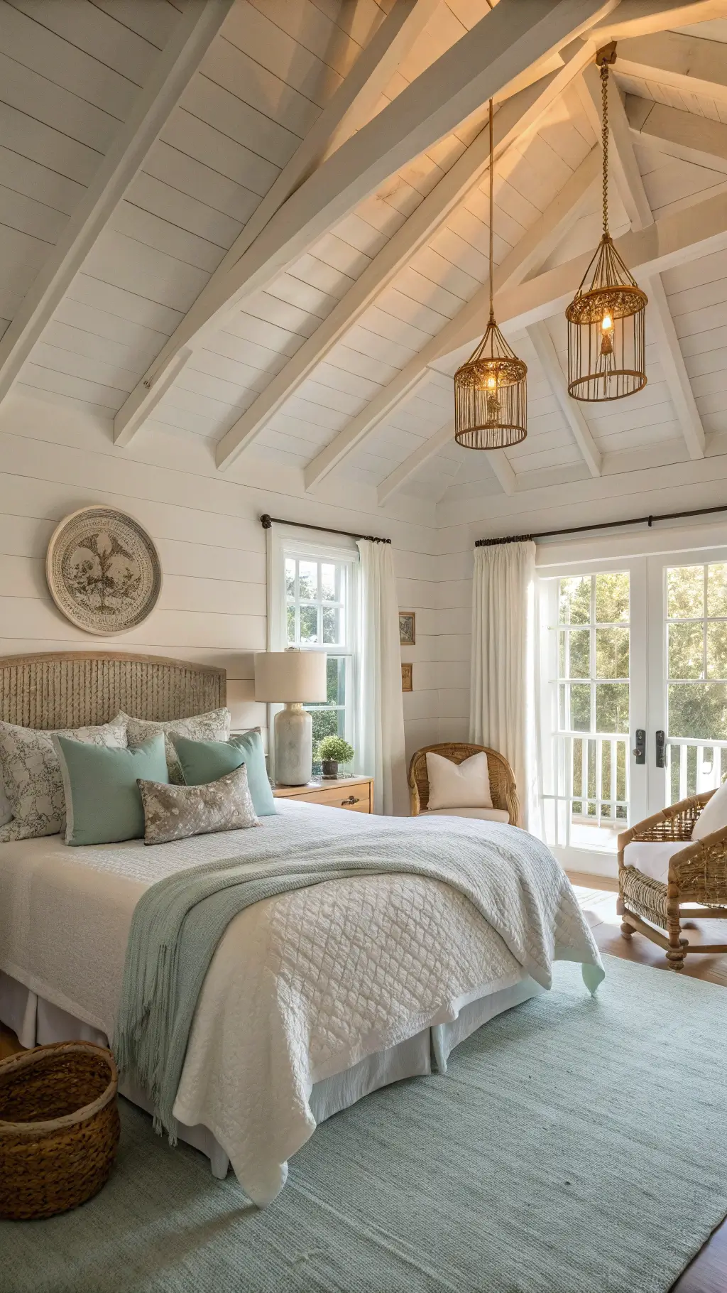 Serene beach cottage bedroom with king bed, vaulted ceiling, whitewashed beams, driftwood art, and soft golden hour lighting.