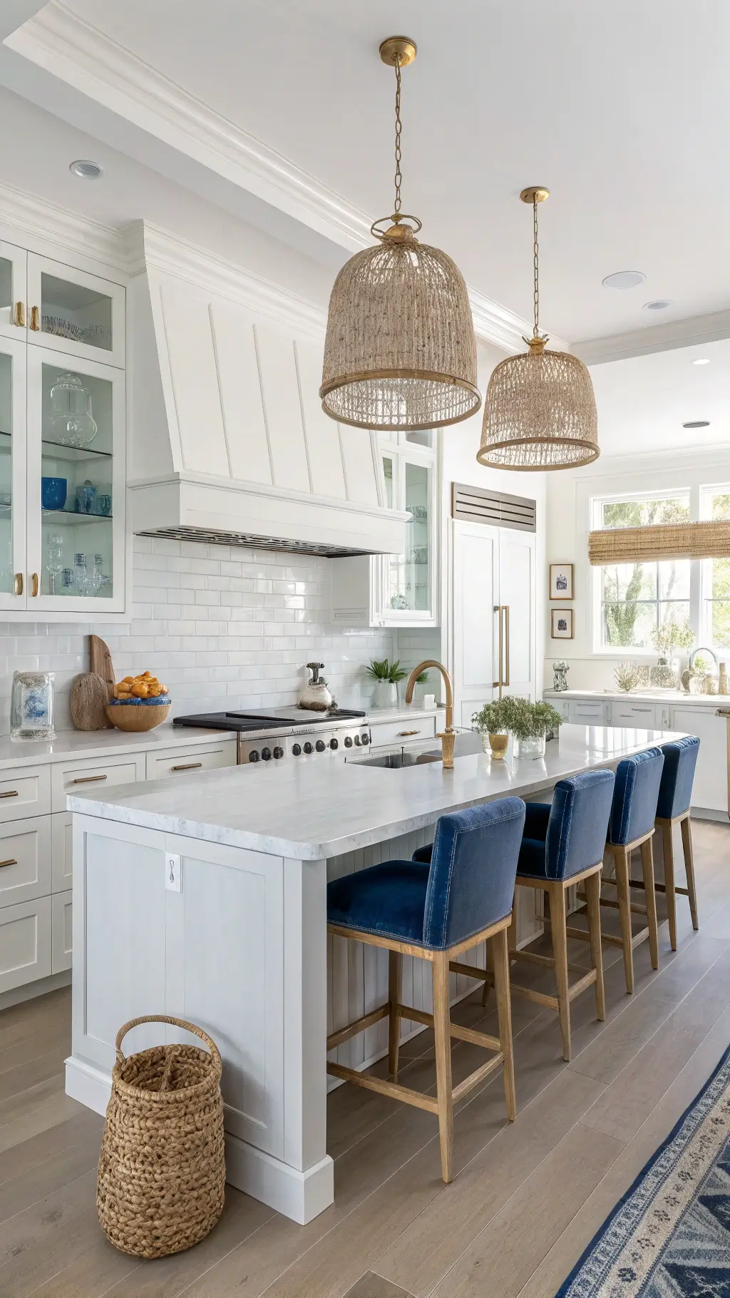 Bright coastal kitchen with white Shaker cabinets, marble countertops, navy blue barstools, and natural light highlighting pale blue tile and sea-inspired decor.