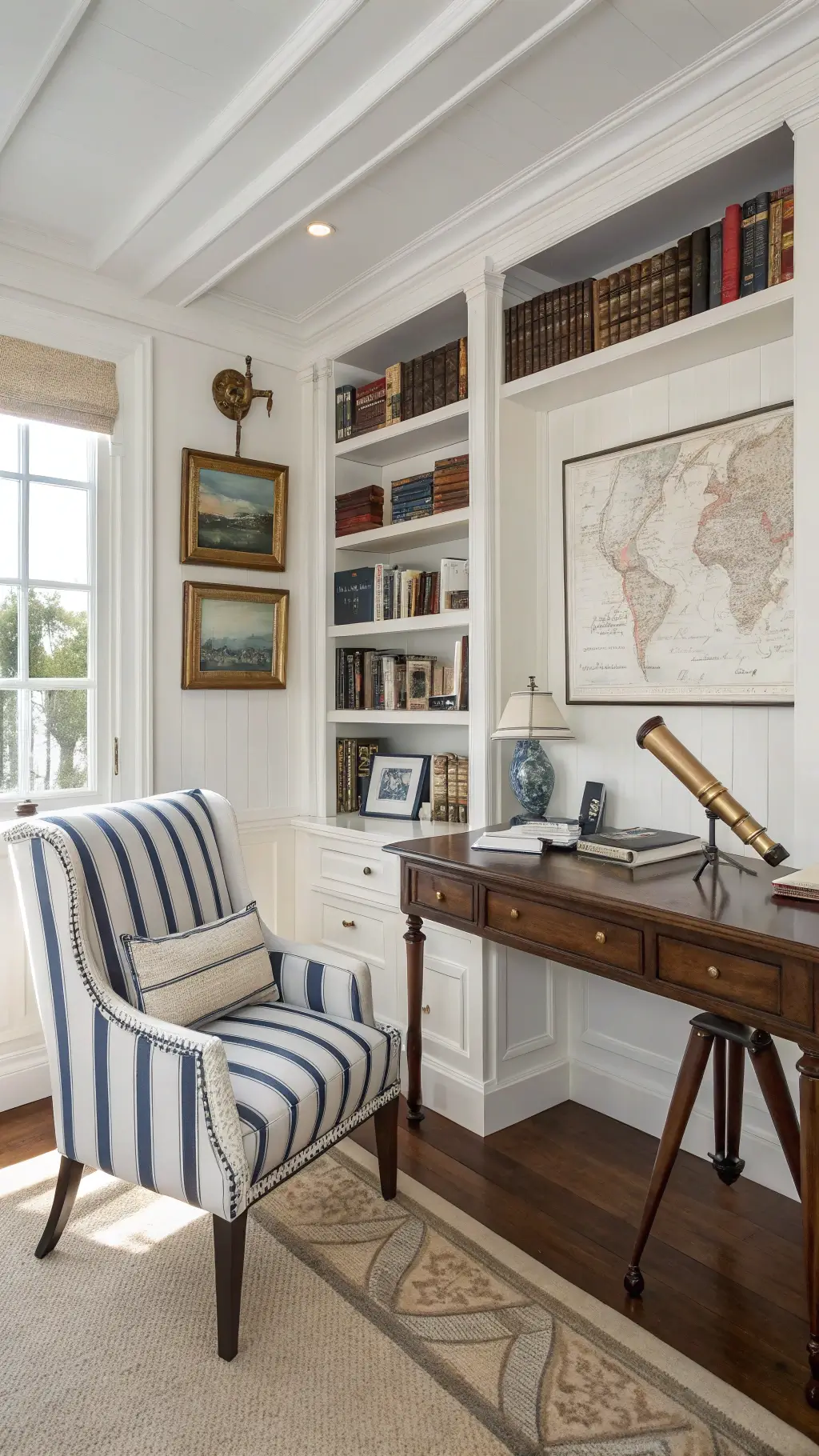 Cozy nautical home office with white built-in bookshelves, mahogany captain's desk, navy-striped chair, and maritime-themed decor.