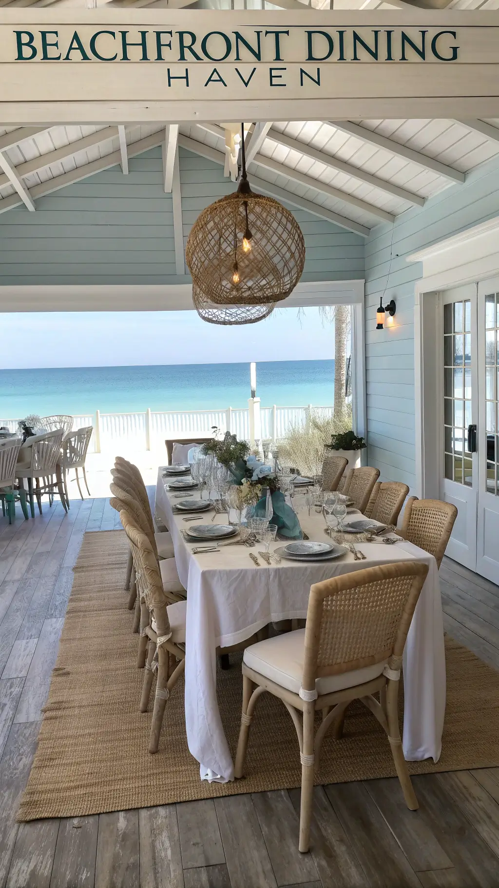 Beachfront dining room with ocean views, whitewashed oak table, linen-covered chairs, rattan pendant light, and coastal decor accents.