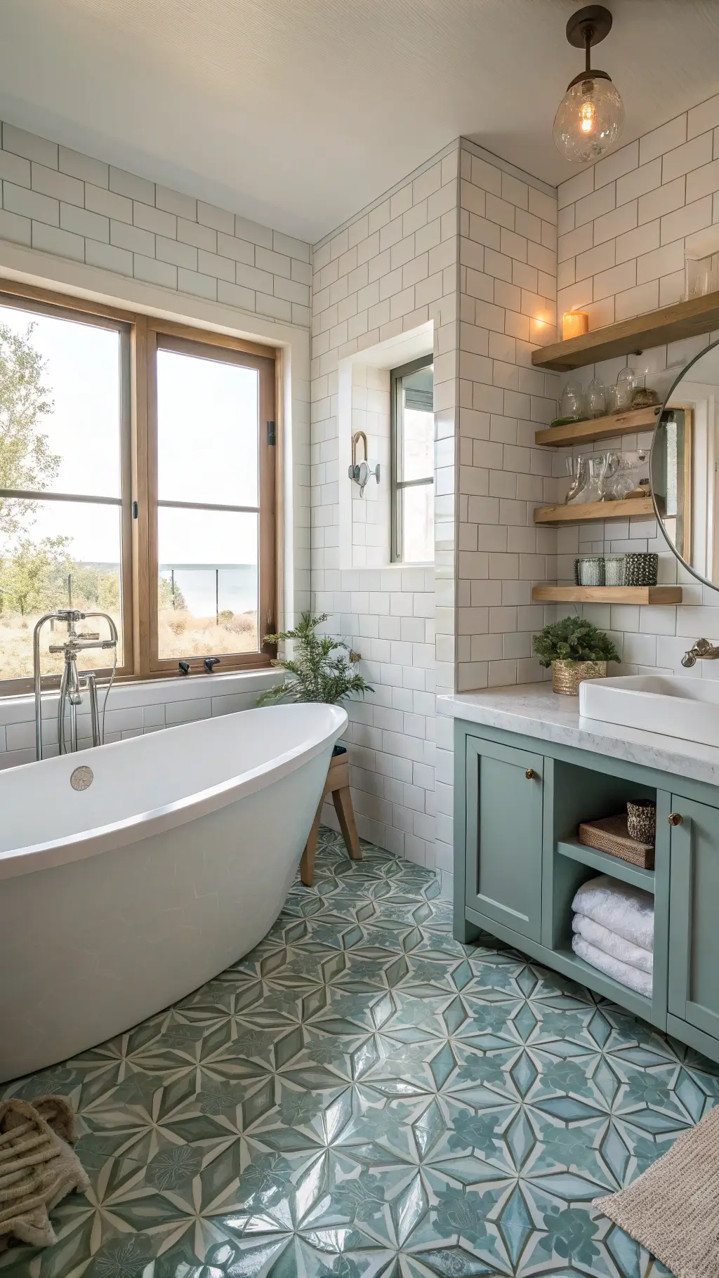 Coastal-themed bathroom with freestanding tub under window, sea glass geometric floor tiles, bleached oak floating vanity, and soft lighting.