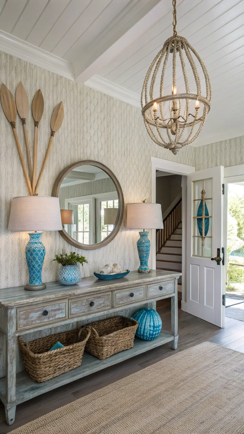 Coastal beach house foyer with shell chandelier, weathered console, blue glass lamps, rope vases, round mirror, grasscloth wallpaper, and mounted vintage oars.