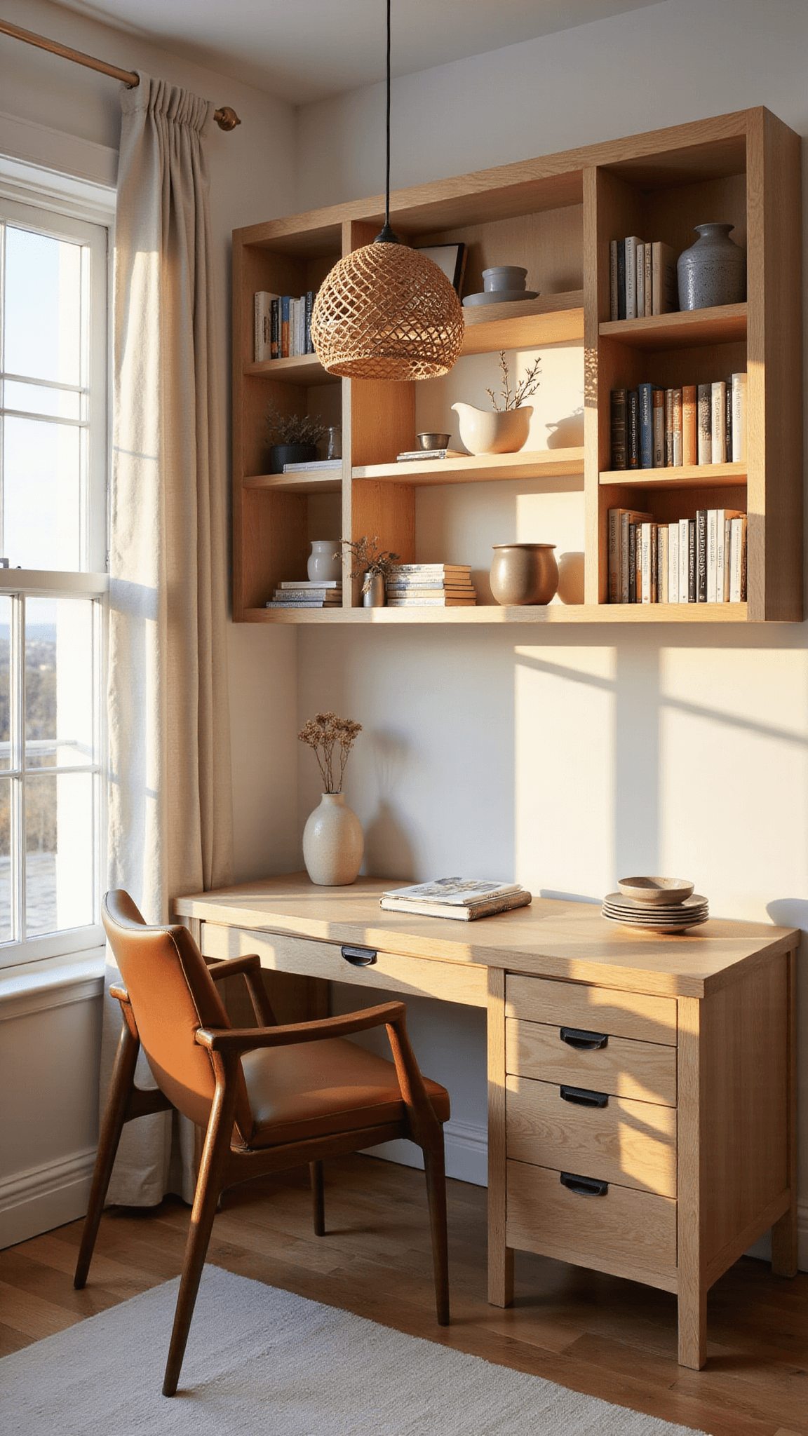 Warmly lit 12x14ft home office with oak desk, cognac leather chair, whitewashed walls, and bamboo pendant lamp casting soft shadows.