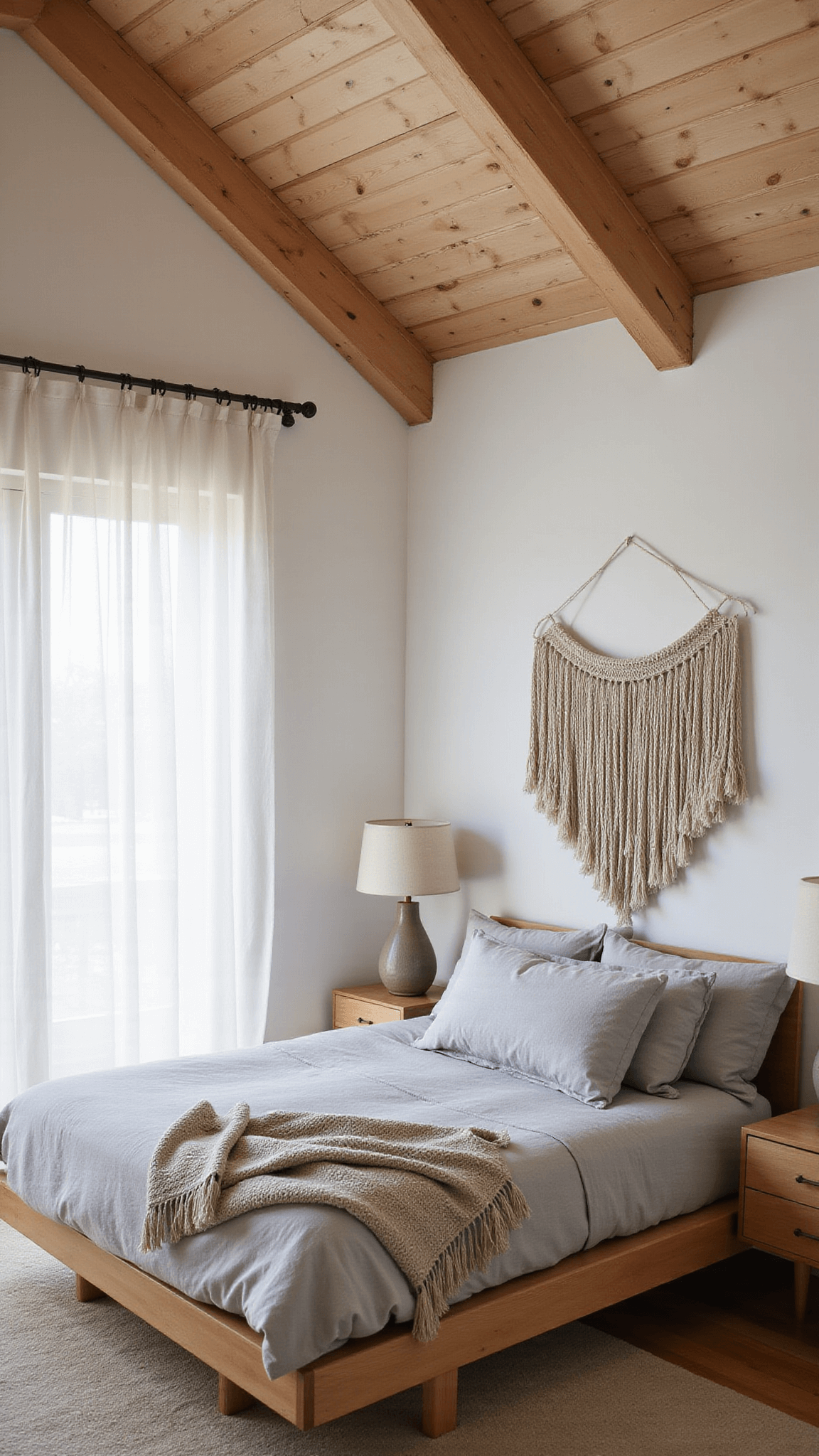 Scandinavian minimalist bedroom with vaulted ceilings, exposed white oak beams, platform bed with grey organic linen bedding, and soft dusk lighting through gauzy curtains.