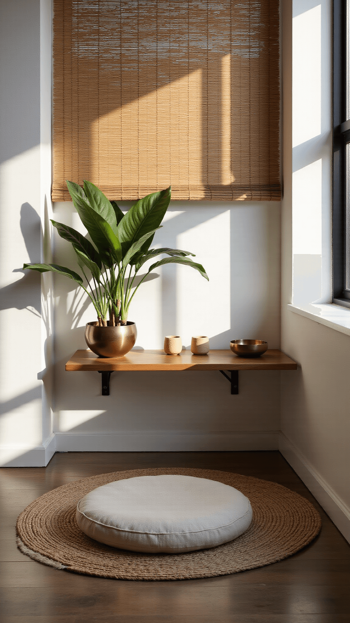 Zen minimalist meditation corner with linen cushion on jute rug, bamboo-filtered sunlight, floating wood shelf with incense and brass singing bowl, and large philodendron in earth-toned decor.