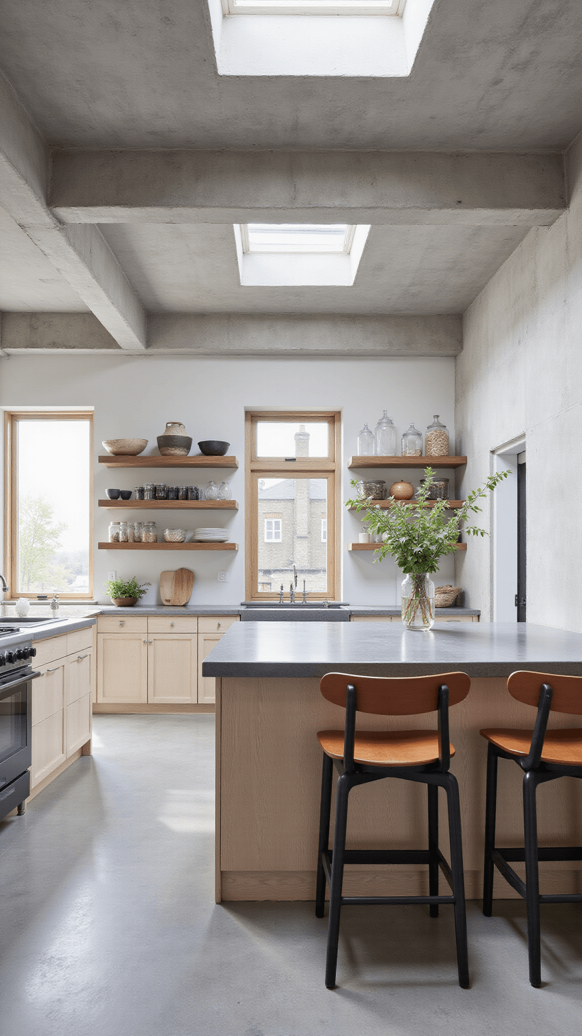 Open-concept industrial organic kitchen with concrete floors, white oak cabinetry, skylights, large soapstone island, open shelving, and leather-wood barstools.