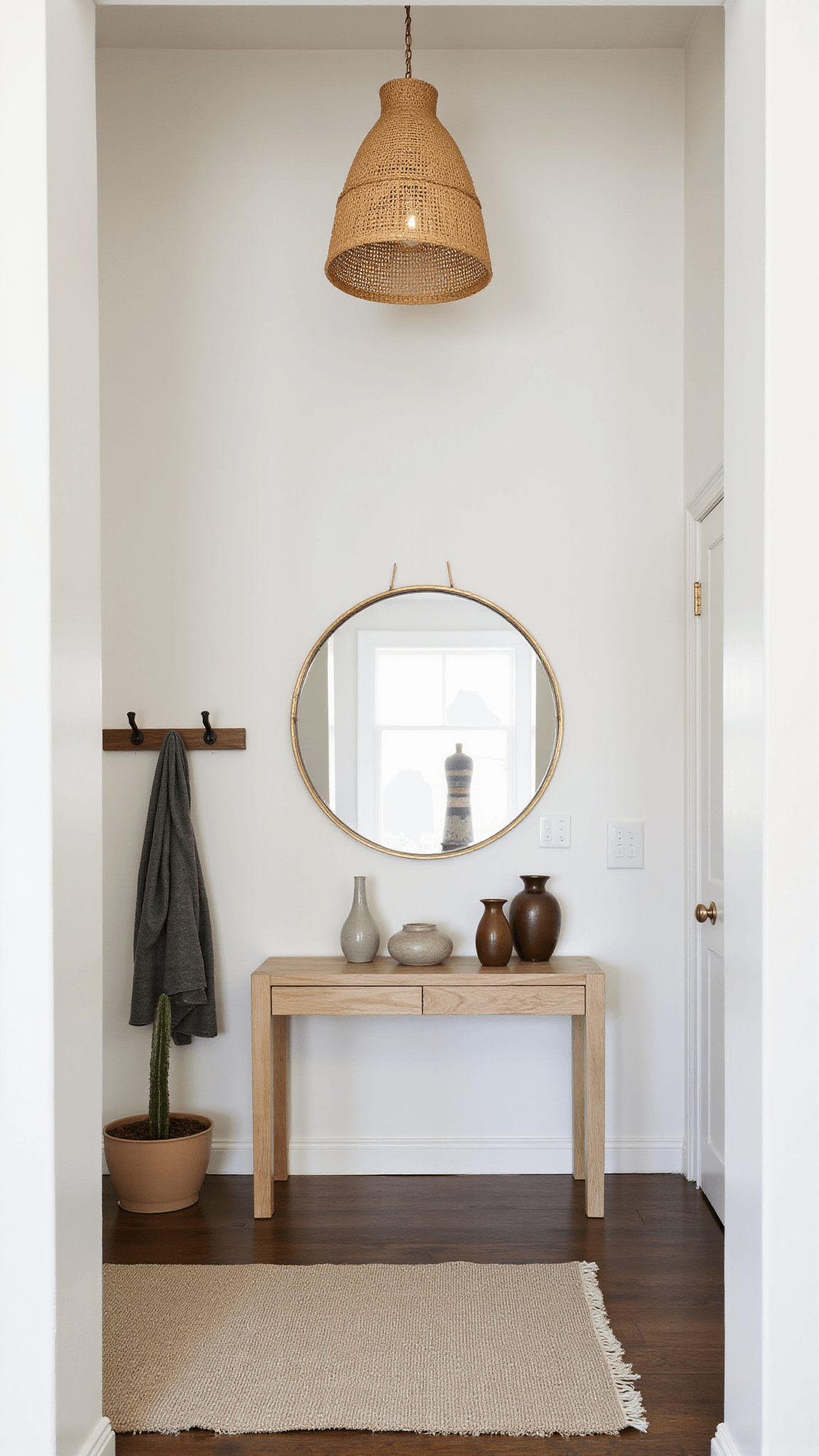 Modern organic entryway with high ceilings, woven pendant light, oak console, ceramic vessels, brass-framed mirror, vintage runner, and blackened steel coat rack.