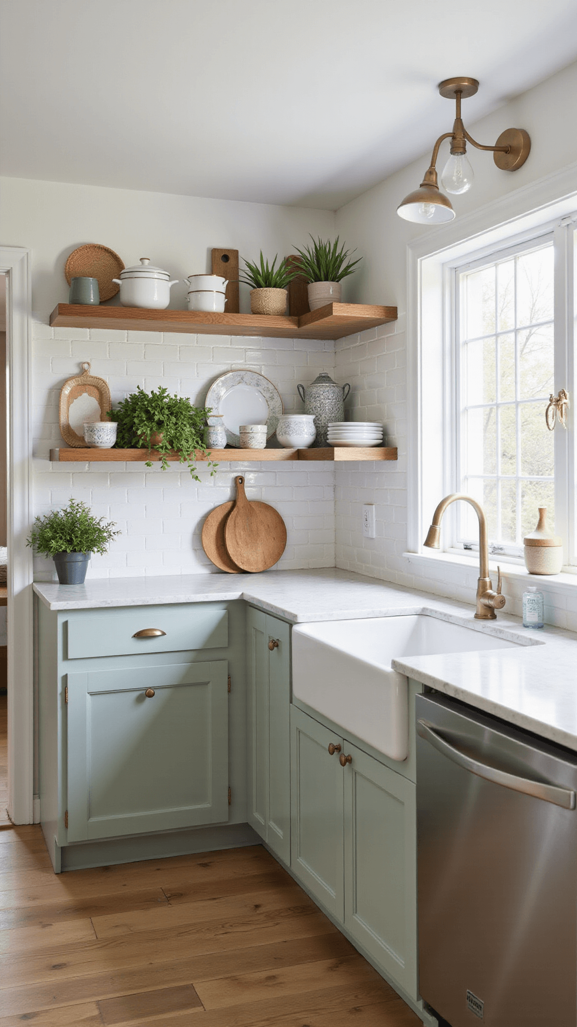 Farmhouse kitchen with sage green cabinets, Carrara marble countertops, white ironstone on open shelves, and morning light through east-facing windows.