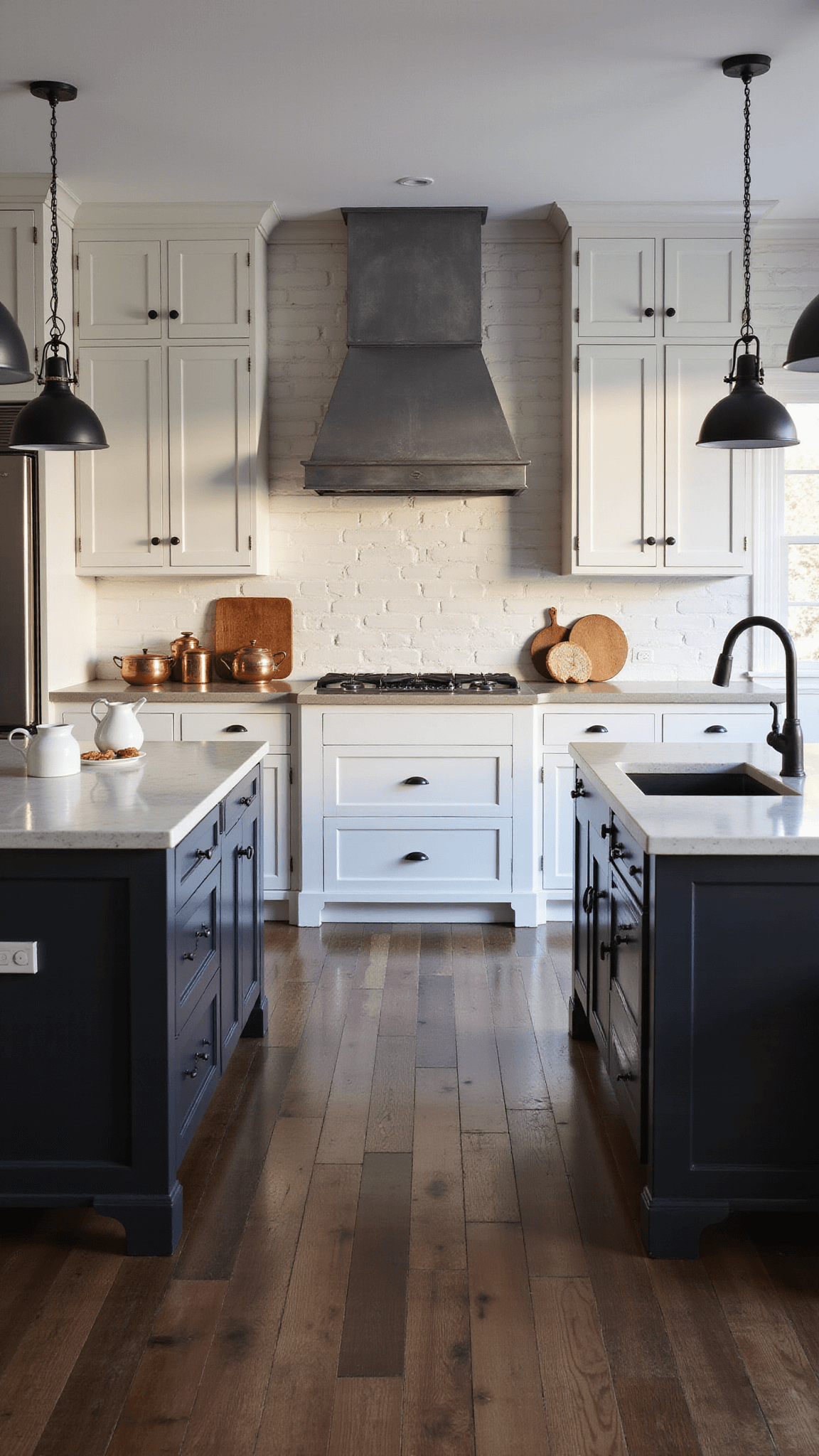 Farmhouse kitchen with double islands, dark oak floors, and zinc range hood, styled with vintage decor and lit by industrial pendants at dusk.