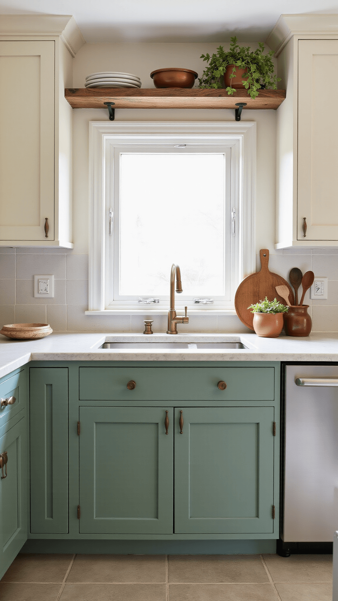 Symmetrical kitchen with green lower cabinets, cream uppers, brass fixtures, limestone counters, and reclaimed wood shelves holding earthenware, styled with terra cotta pots and greenery.