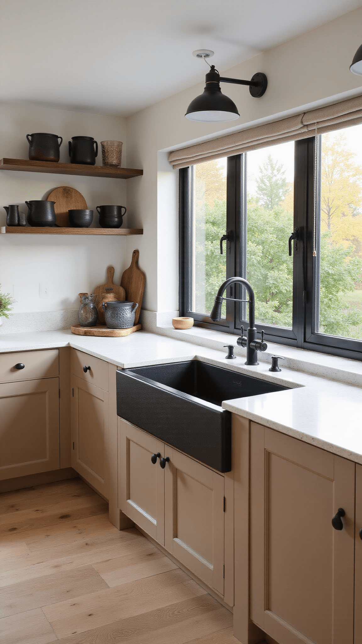 Modern farmhouse kitchen with greige and white two-tone cabinets, quartz countertops, black steel windows, and golden hour lighting showcasing vintage and modern decor elements.