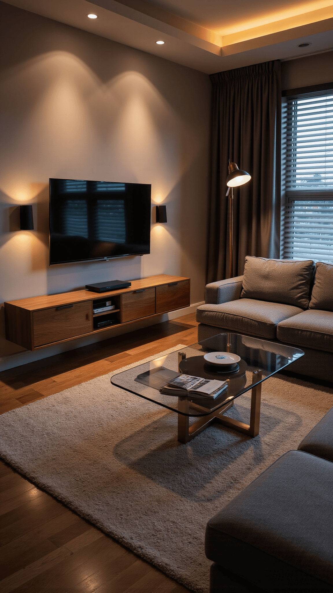Cozy 15x18ft smart living room at dusk with warm dim lighting, curved OLED TV above walnut floating console, voice-controlled blinds, gray sectional with USB ports, and tech-integrated glass coffee table.